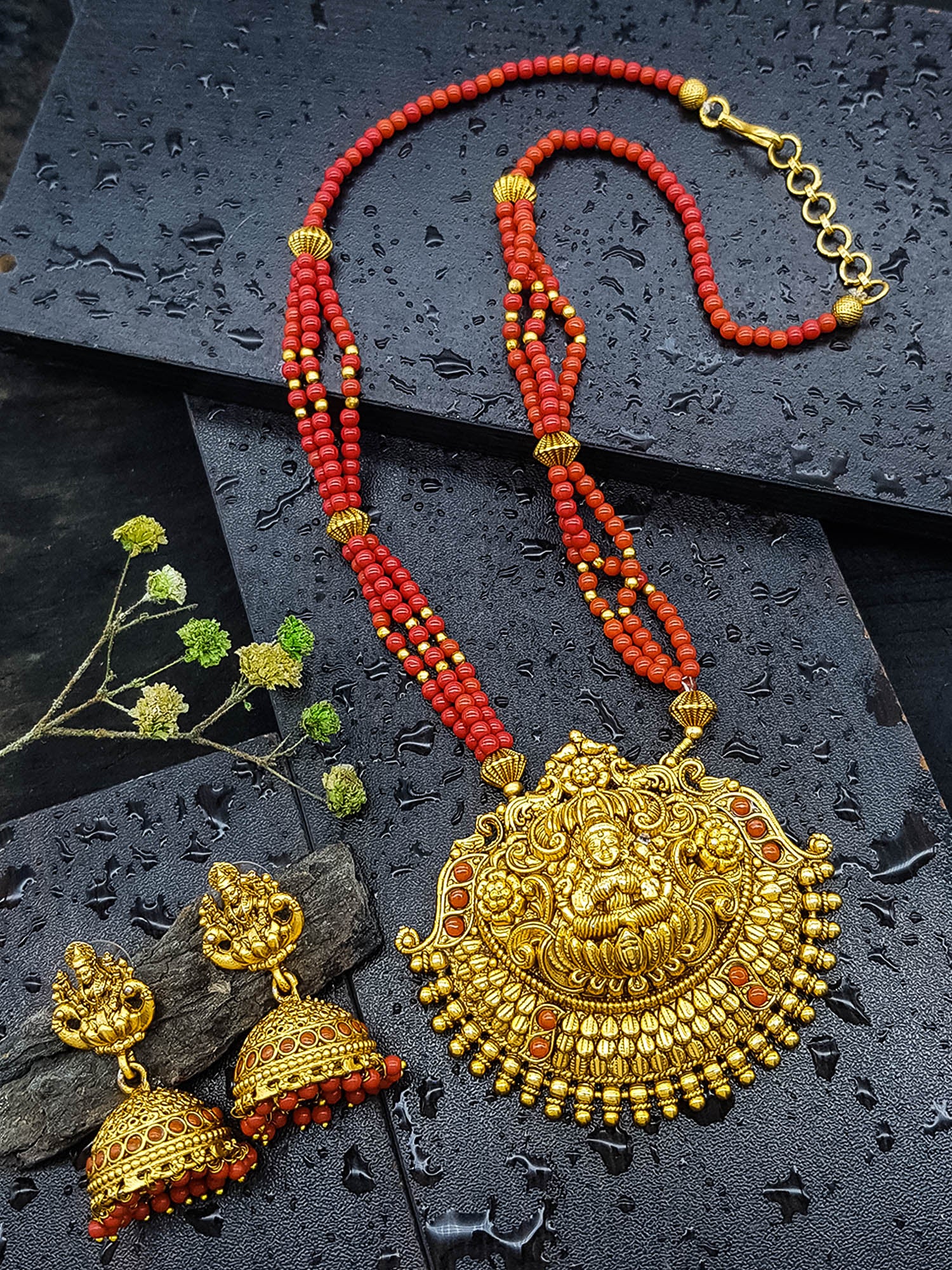 Gold Plated Necklace Set in coral