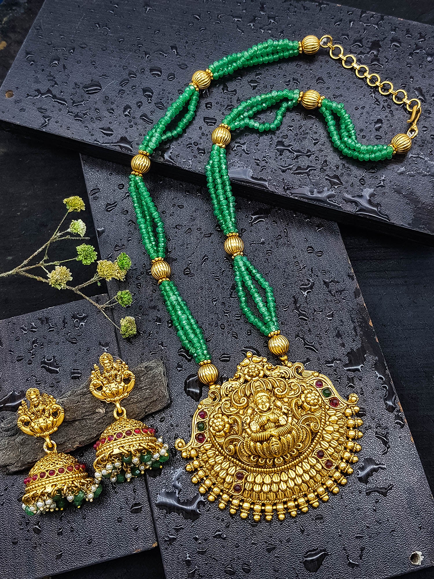 Gold Plated Necklace Set in green crystal natural stones