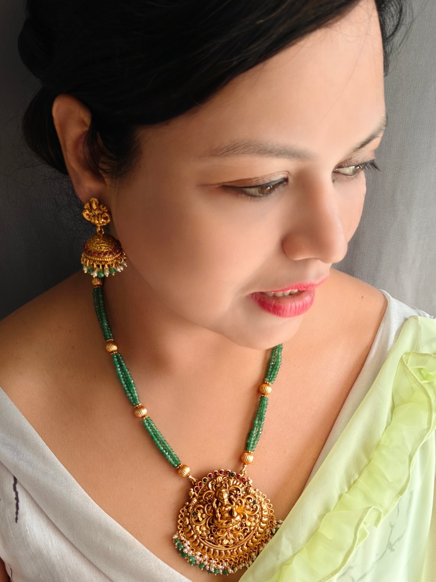 Premium Gold Plated Long Necklace Set In Green And Red crystal Natural Stones