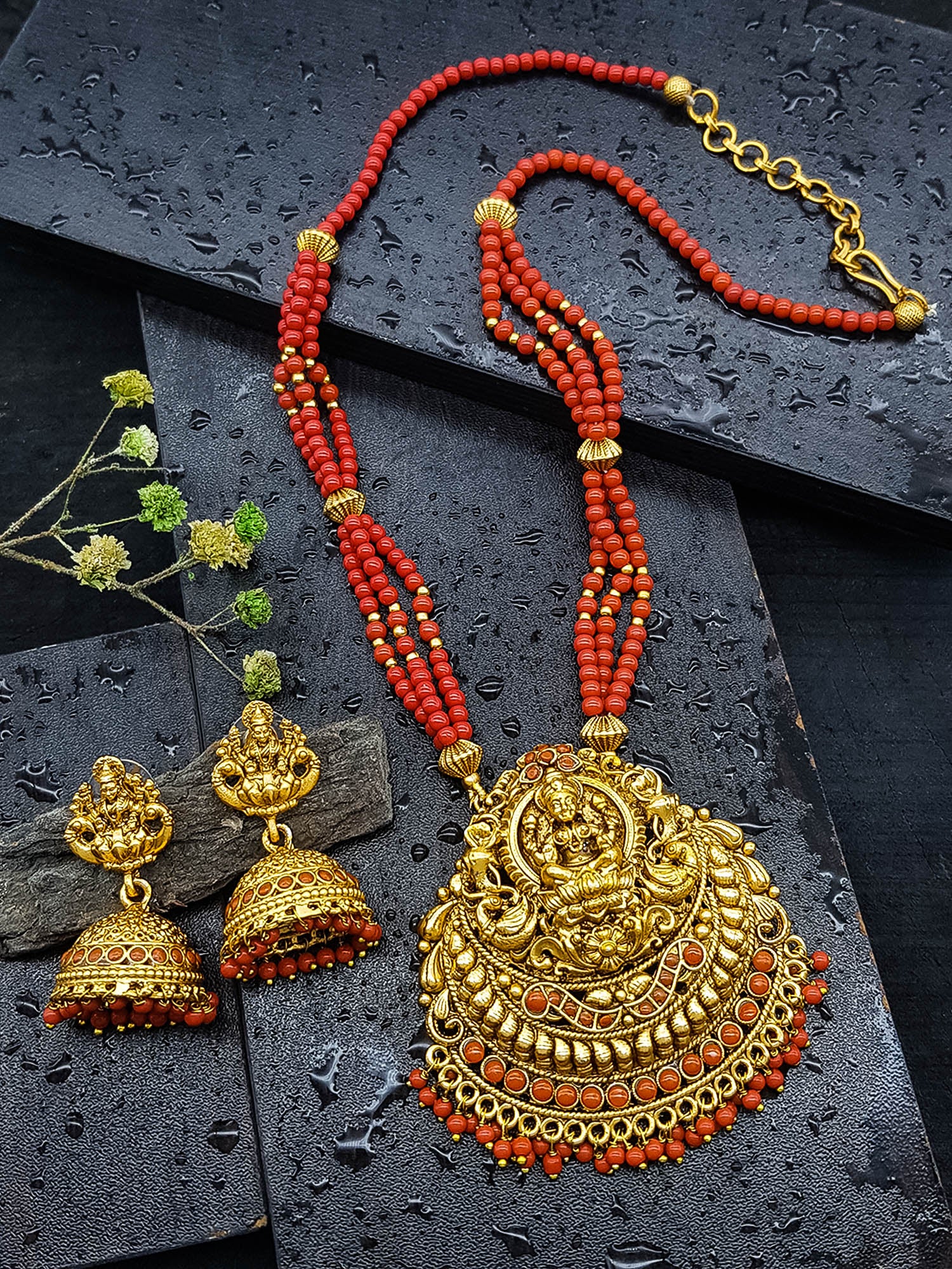 Premium Gold Plated Long Necklace Set In Green And Red crystal Natural Stones