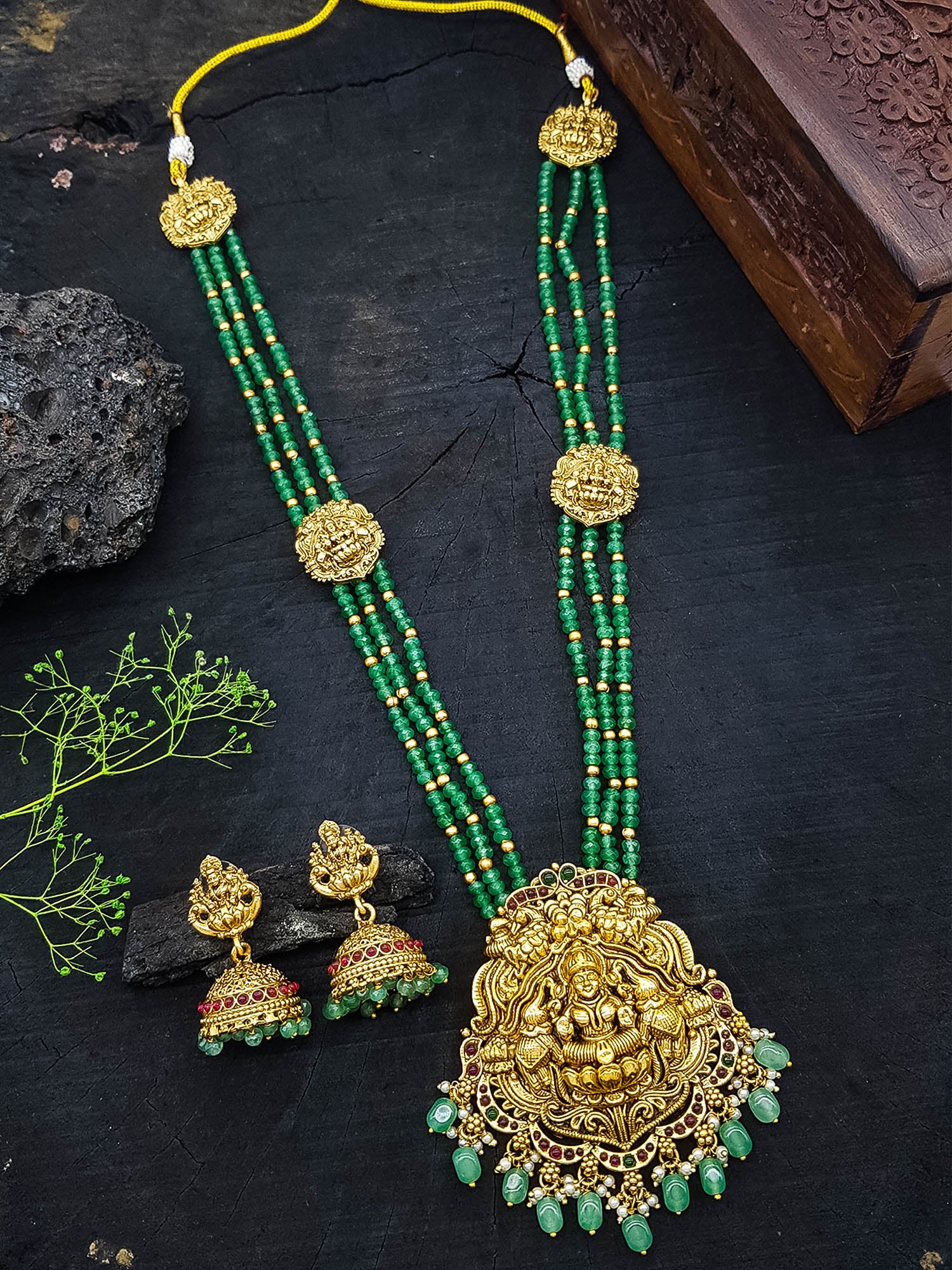 Premium Gold Plated Long Necklace Set in green crystal natural stones