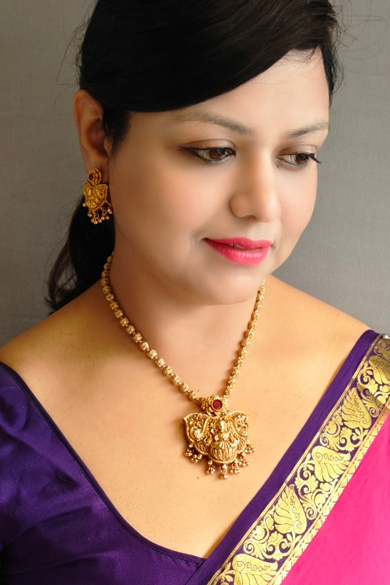 Gold Plated Beads Long Laxmi Necklace Set