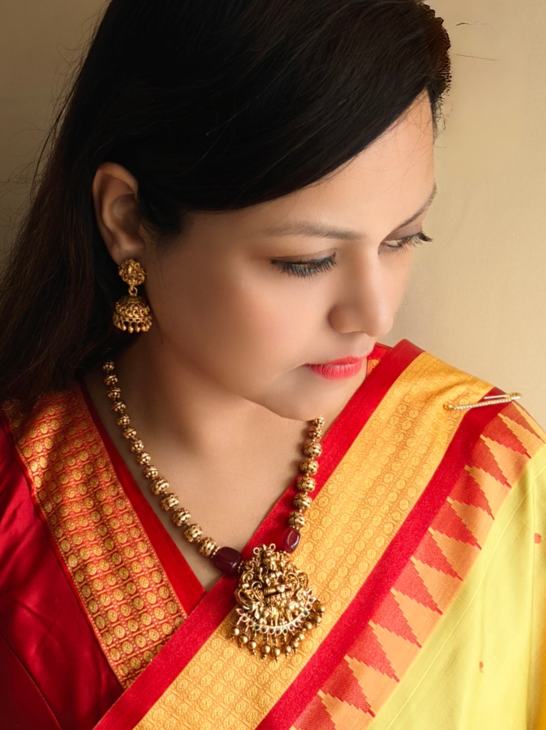 Gold Plated In Coral Beads Long Necklace Set