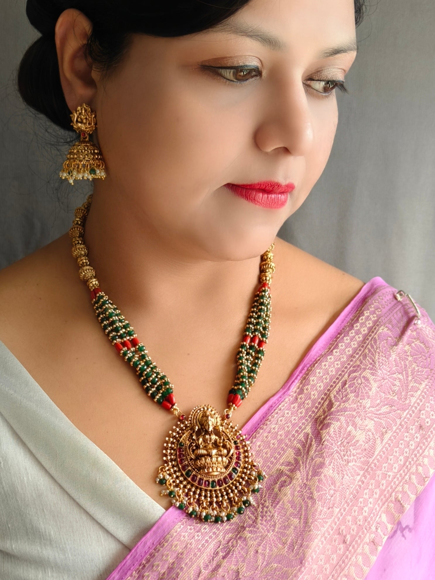 Premium Gold Plated Long Necklace Set in green Red coral & crystal natural stones