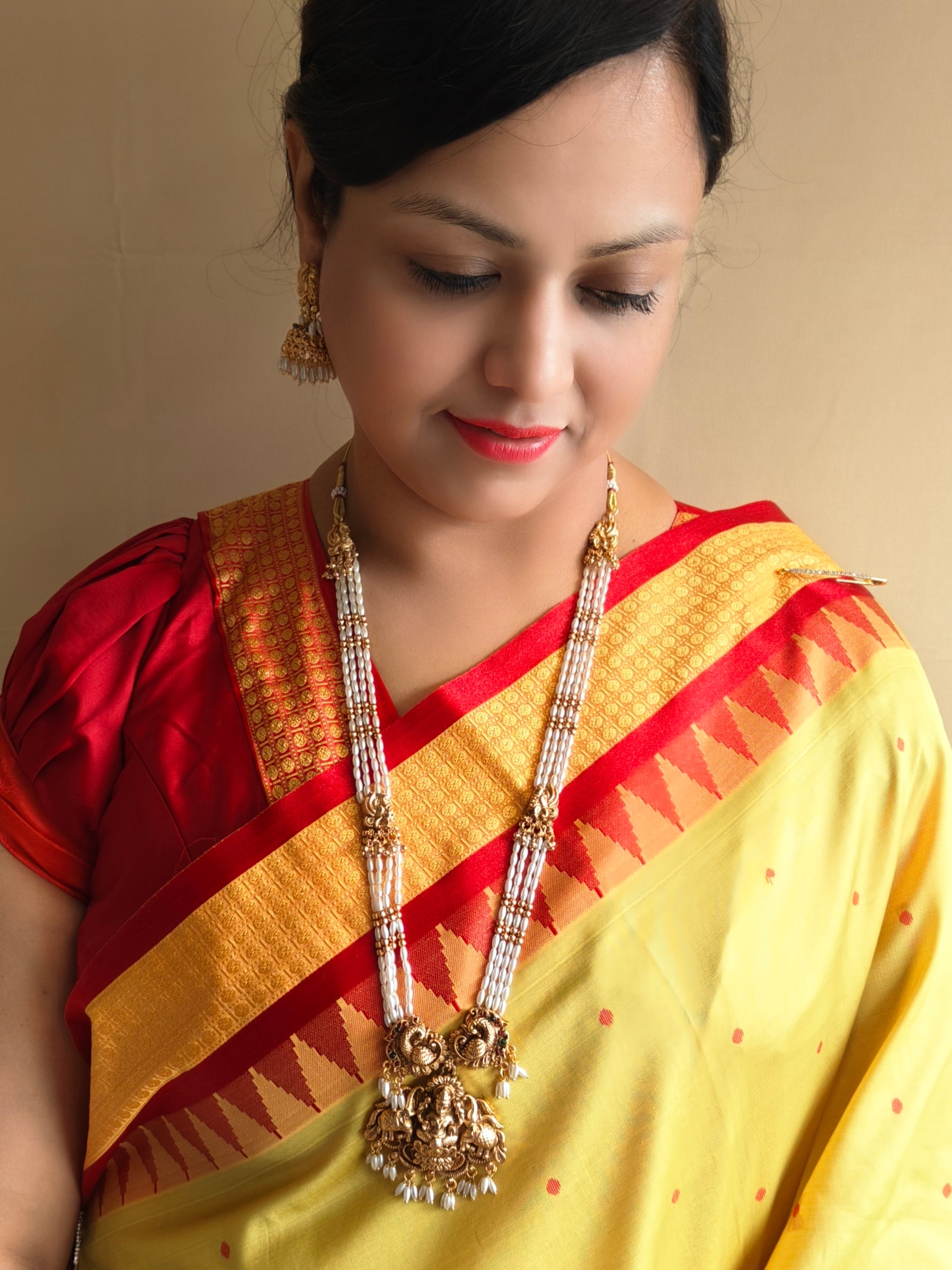 Gold Plated Rice Pearls Long Temple Hara Necklace Set