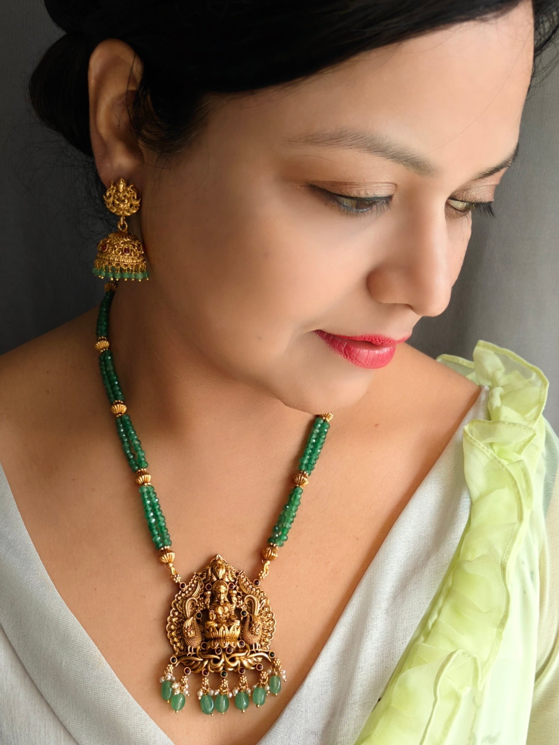 Premium Gold Plated Long Necklace Set in green crystal natural stones