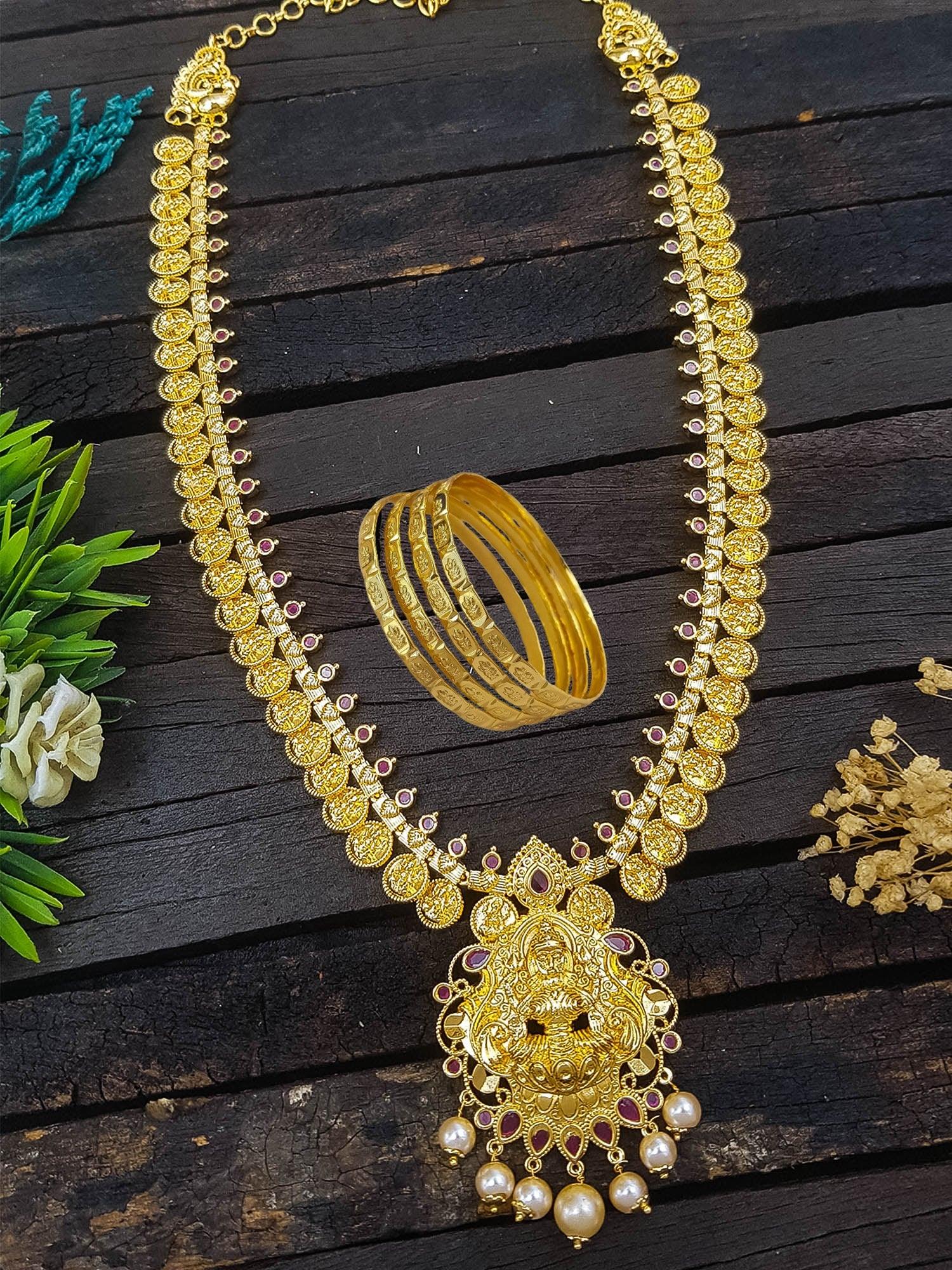 Micro Gold Plated Long Laxmi Hara Necklace Set with Set of 4 Bangles