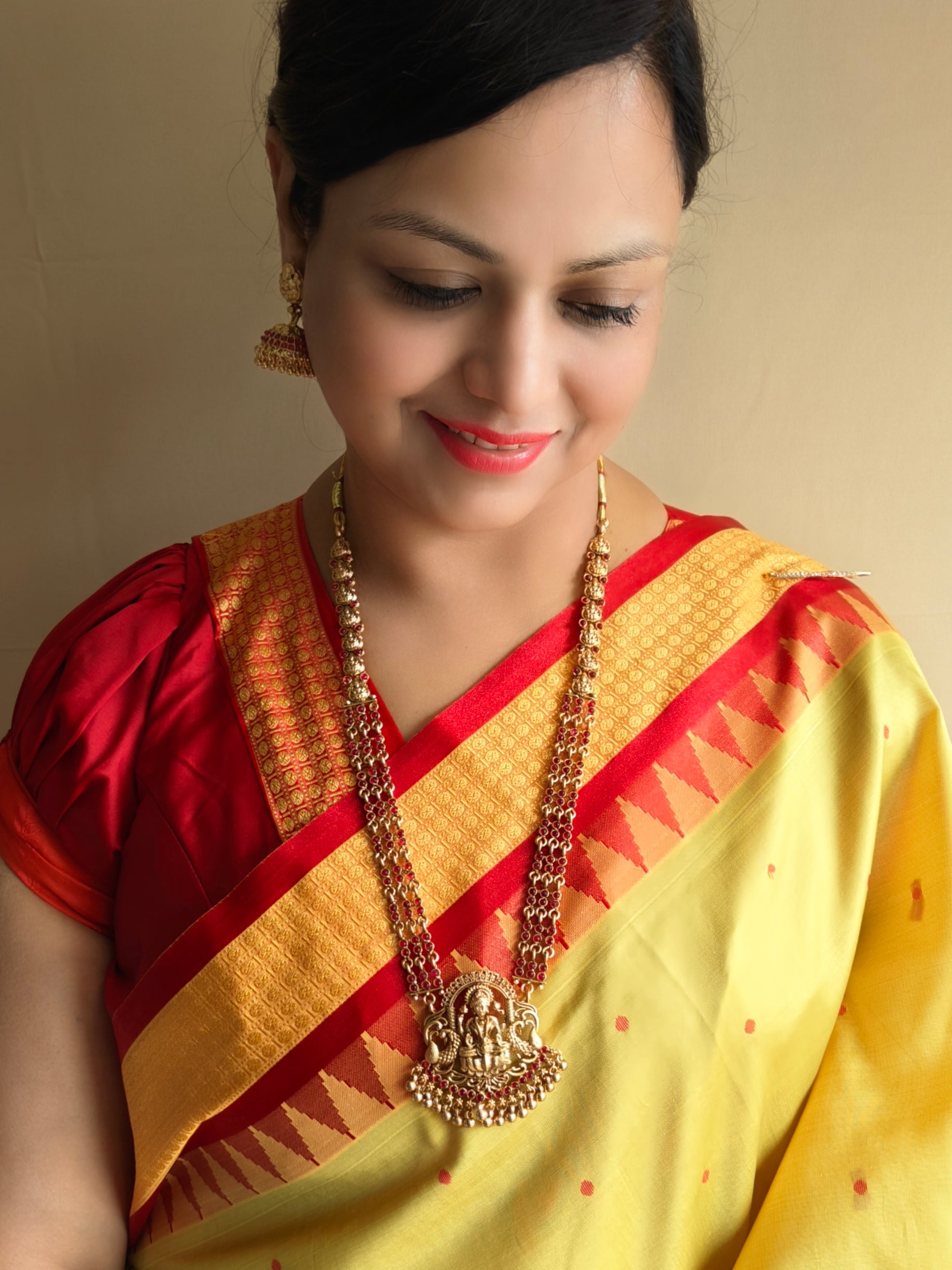 Premium Gold Plated Long Laxmi Necklace Set