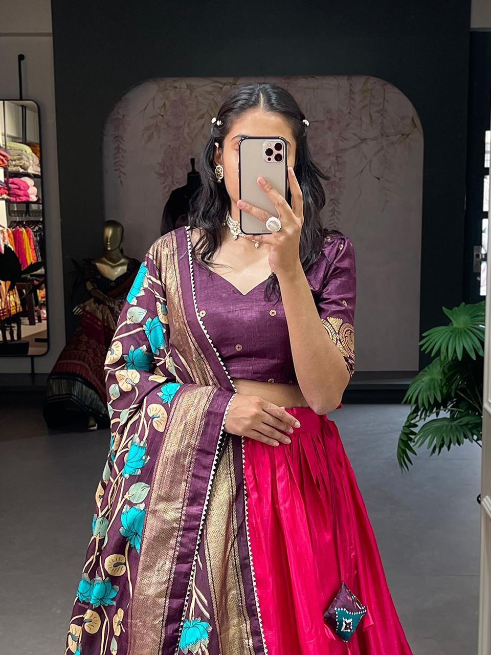 Navaratri Special Dola Silk Lehenga Work Printed with foil work (unstiched blouse) 17228N - Griiham