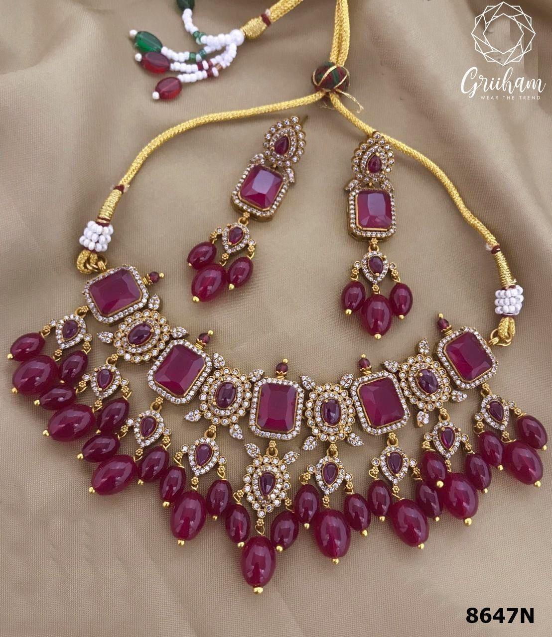 Nayanthara Premium Gold Plated Royal Green Hangigs Choker Set 8590N-Necklace Set-Griiham-Maroon-Griiham