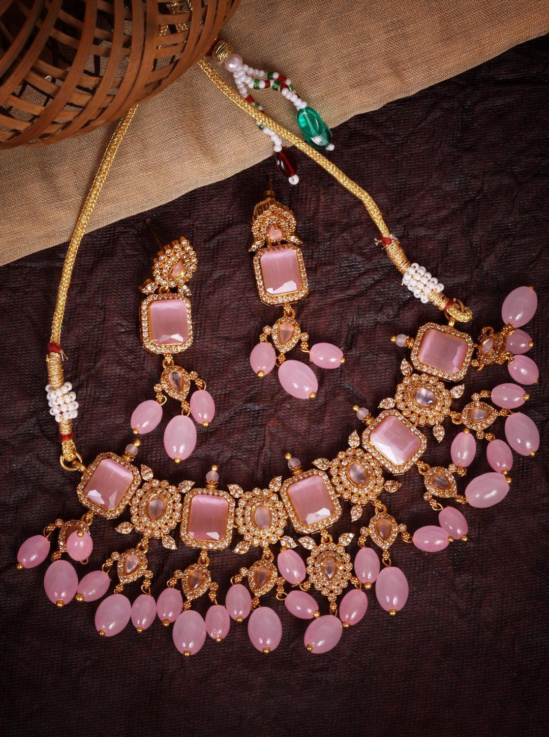 Nayanthara Premium Gold Plated Mint Pink Choker Set