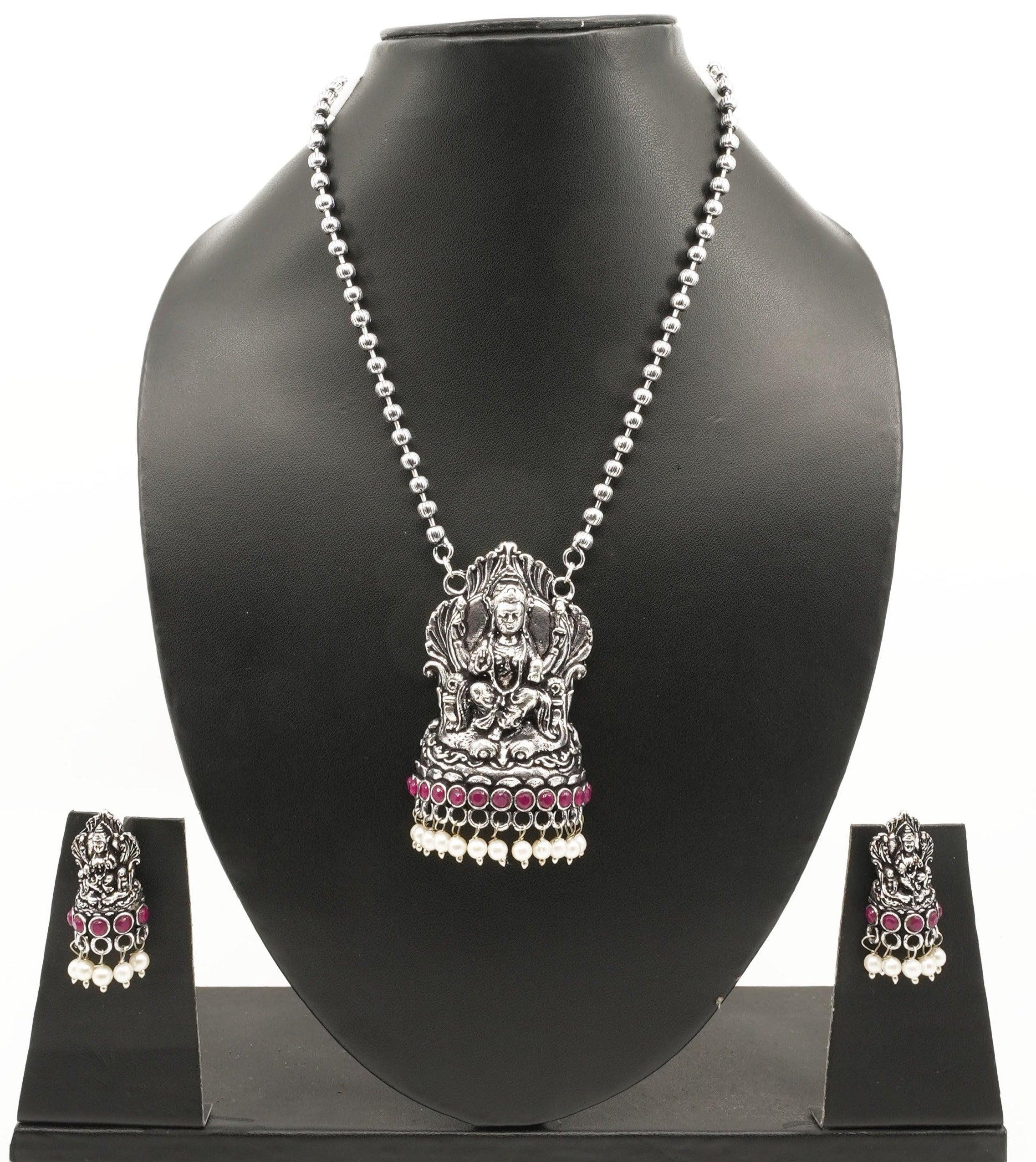 Oxidised Silver Finish Laxmi 3D pendant Set - Griiham