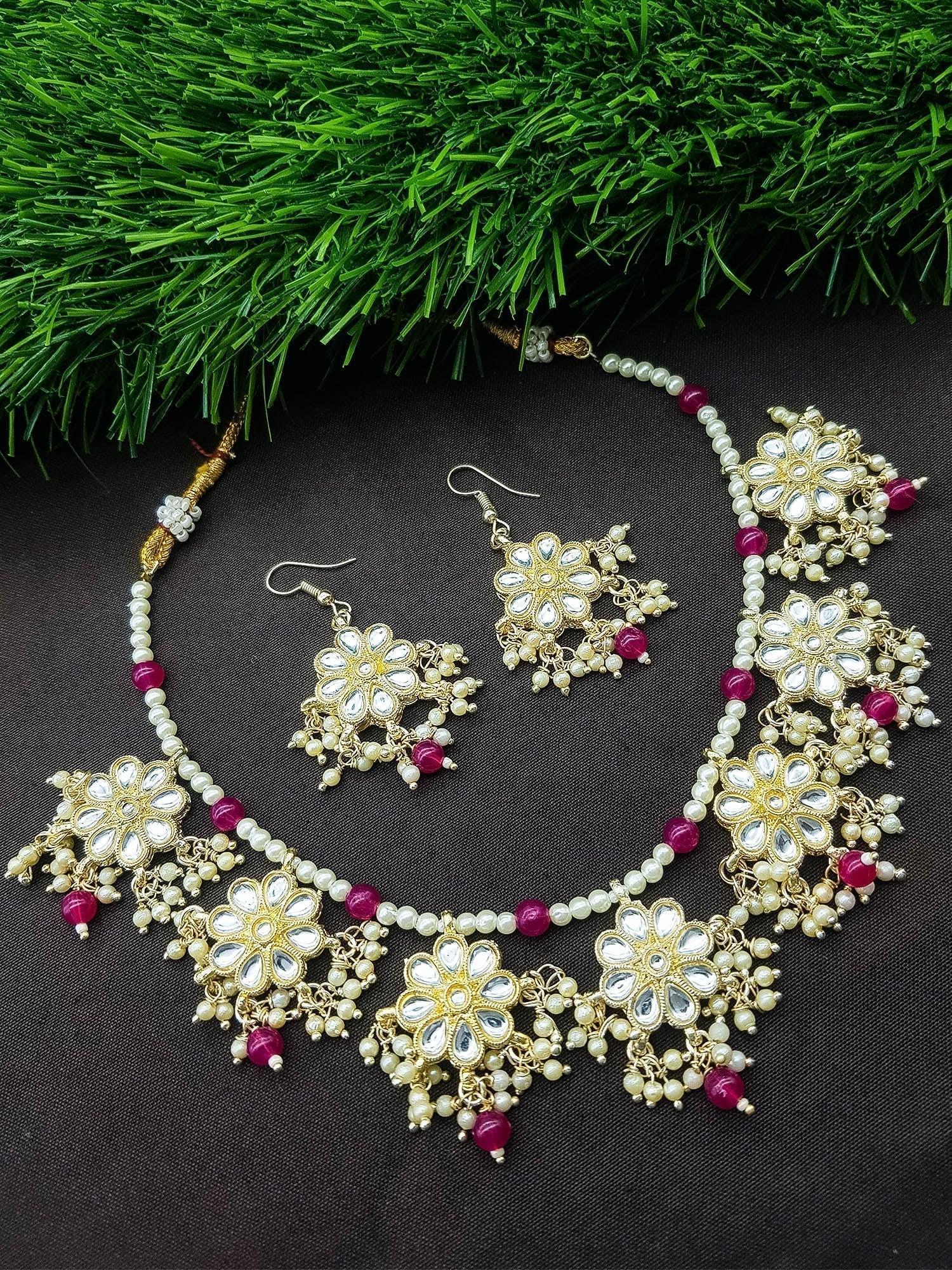 Pearl string Gold Plated kundan stone necklace set