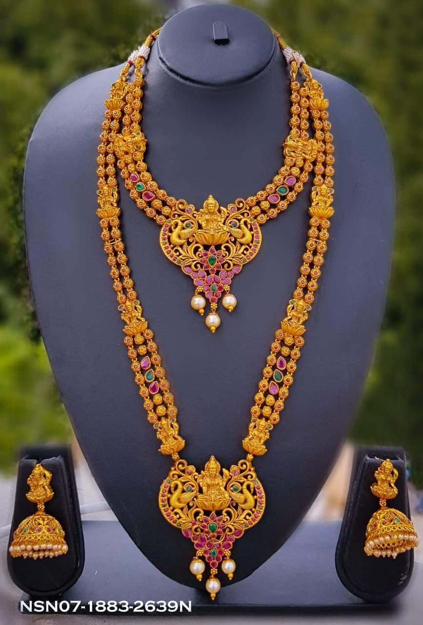 Premium Antique Gold Finish Nagas Bahubali Design Three Line Necklace Set combo (Long+short)