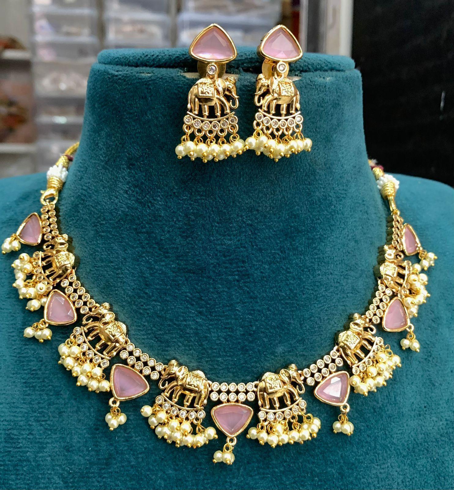 Premium Antique Gold finish Pink stone necklace set - Griiham