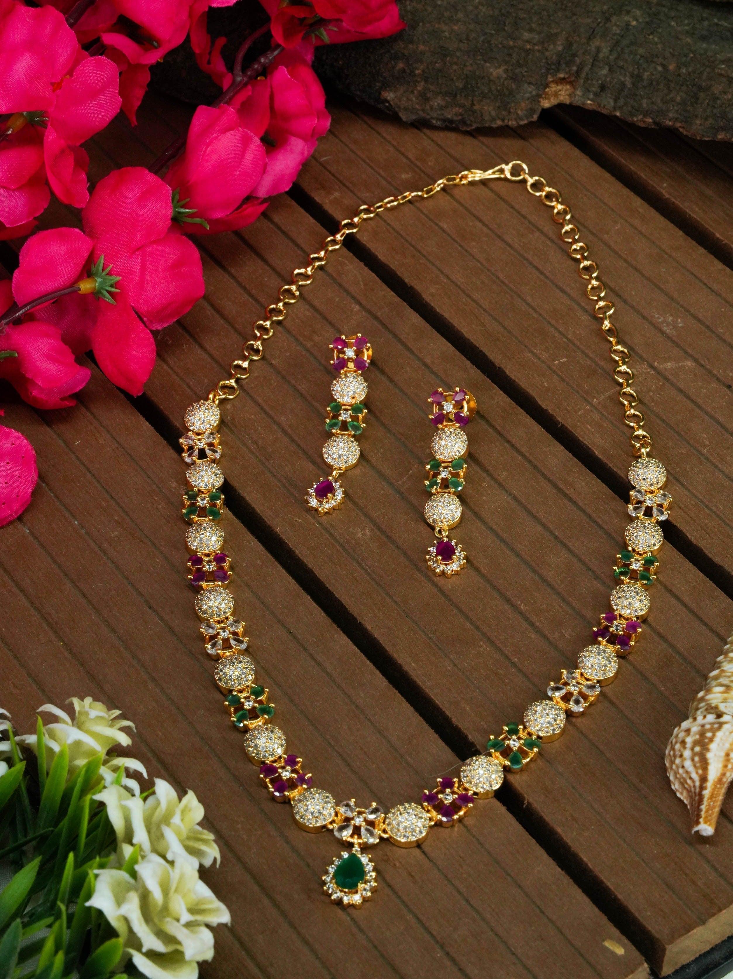 Premium Brass based Gold Plated CZ Most Elegant Necklace Set 9082N - Griiham