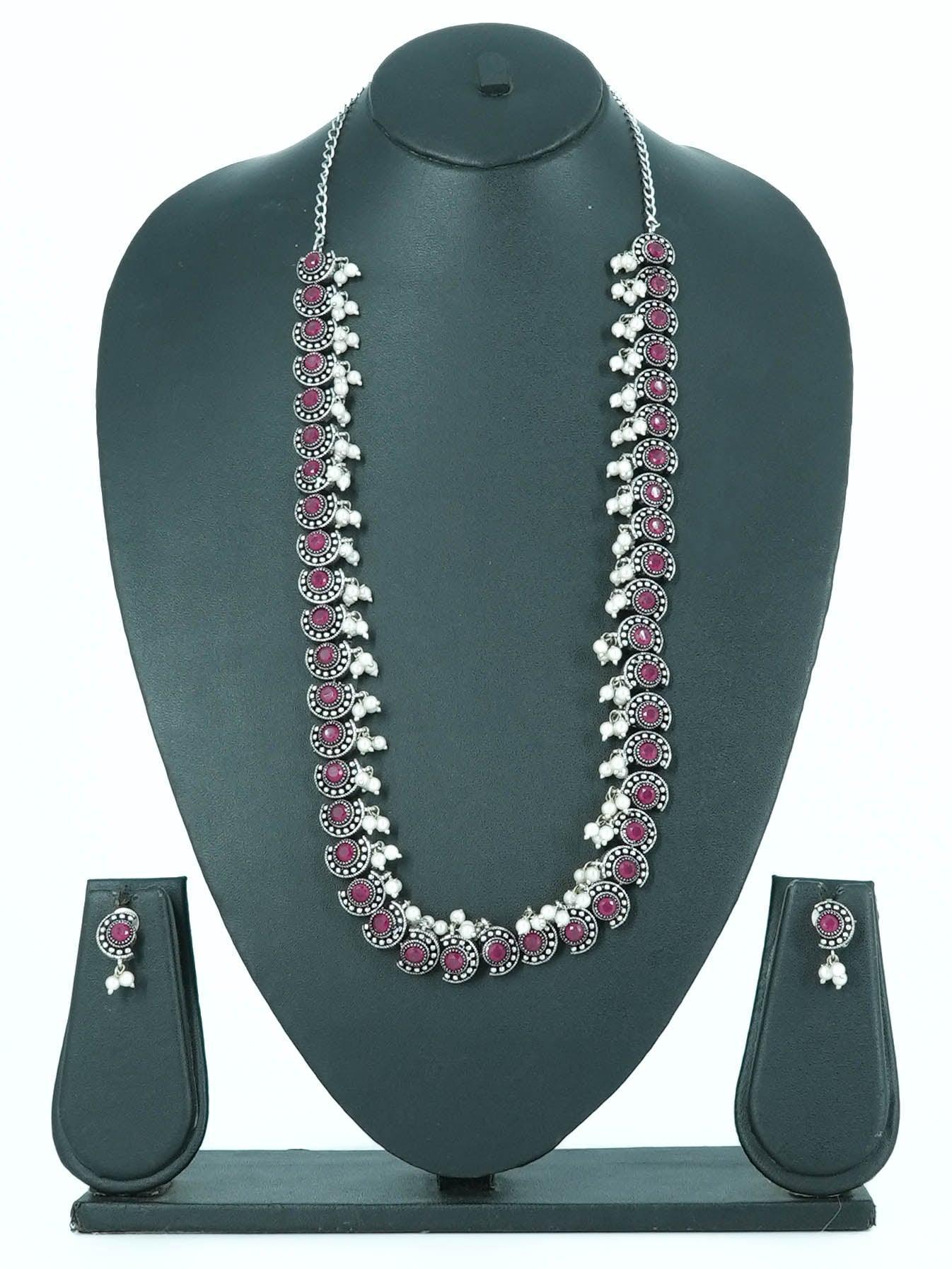 Premium Classy Oxidised Necklace Set with pearls and with different colour stones Options 11934N - Griiham