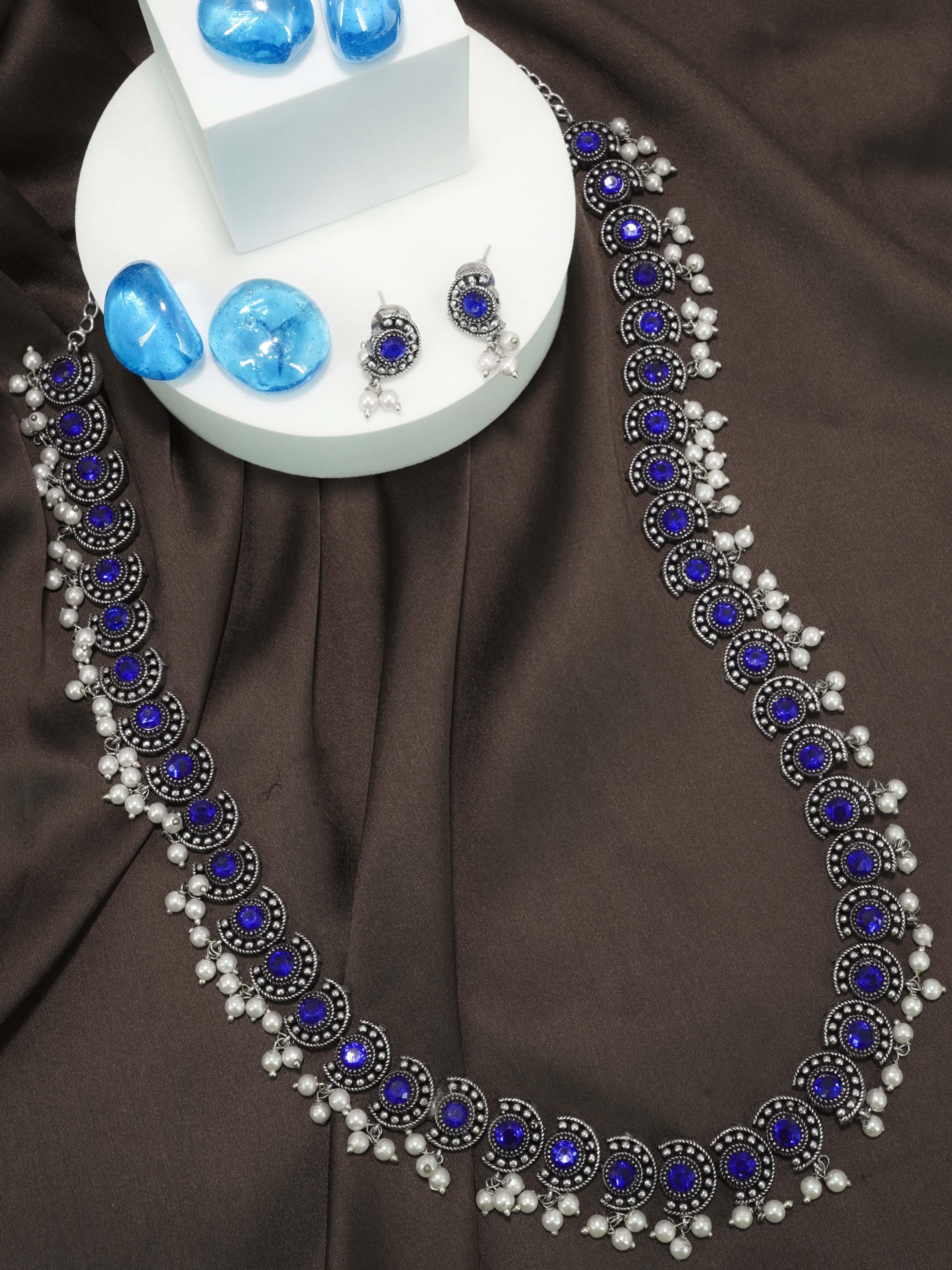 Premium Classy Oxidised Necklace Set with pearls and with different colour stones Options 11934N - Griiham