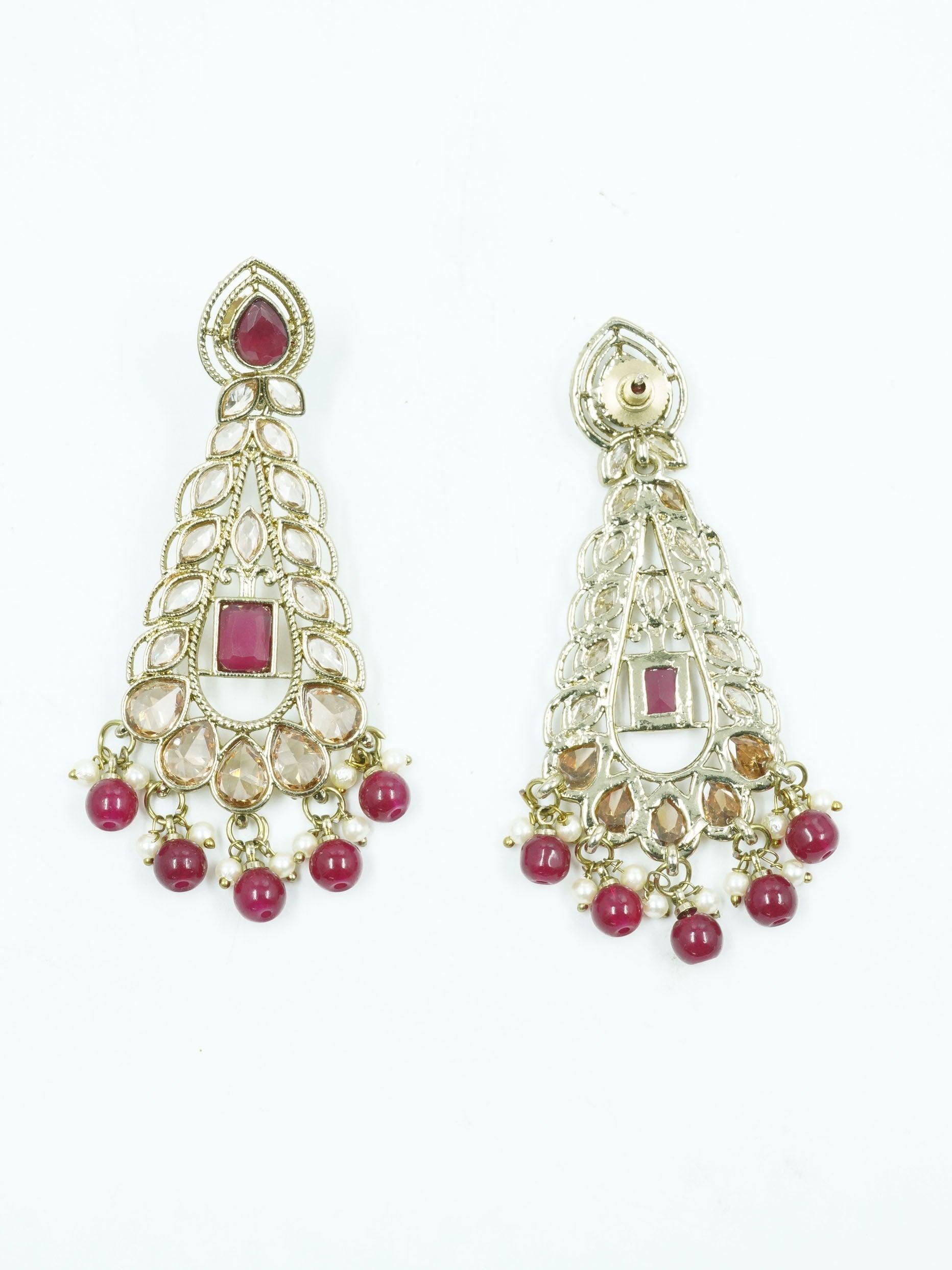 Premium Faint Gold Polish Jhumki Earrings with Mirror Stones & Maroon colour stones 11750N - Griiham