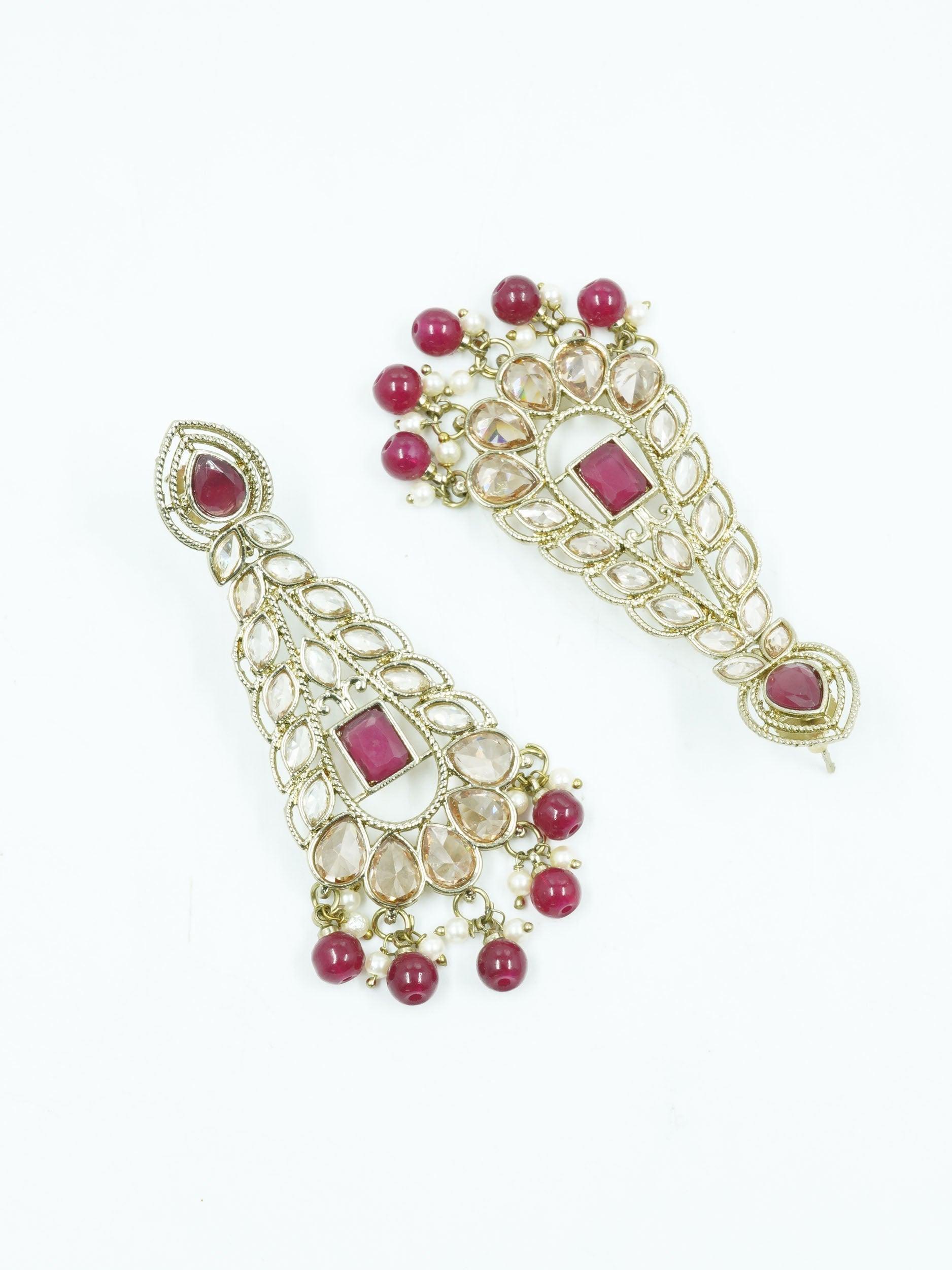 Premium Faint Gold Polish Jhumki Earrings with Mirror Stones & Maroon colour stones 11750N - Griiham