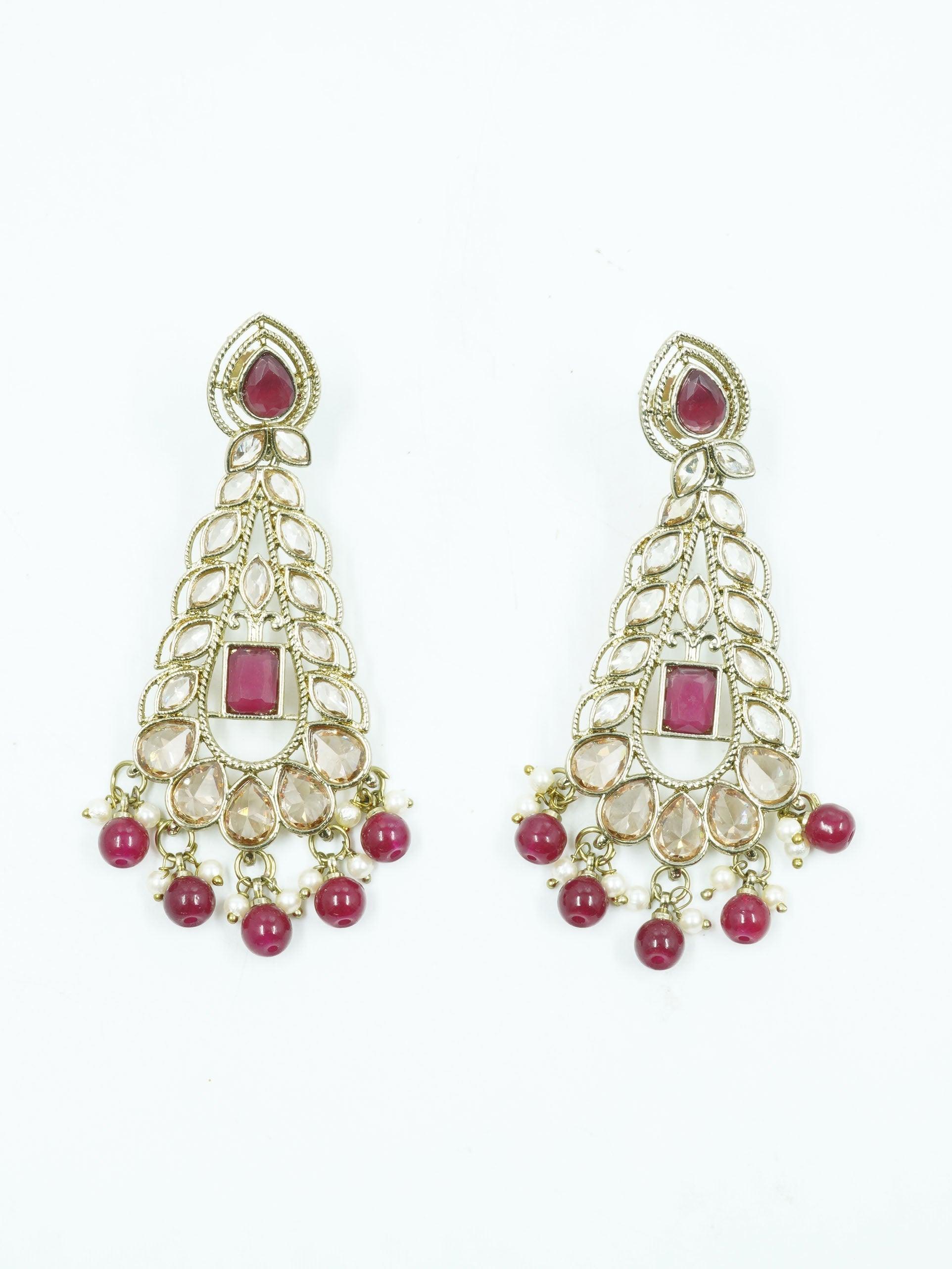 Premium Faint Gold Polish Jhumki Earrings with Mirror Stones & Maroon colour stones 11750N - Griiham