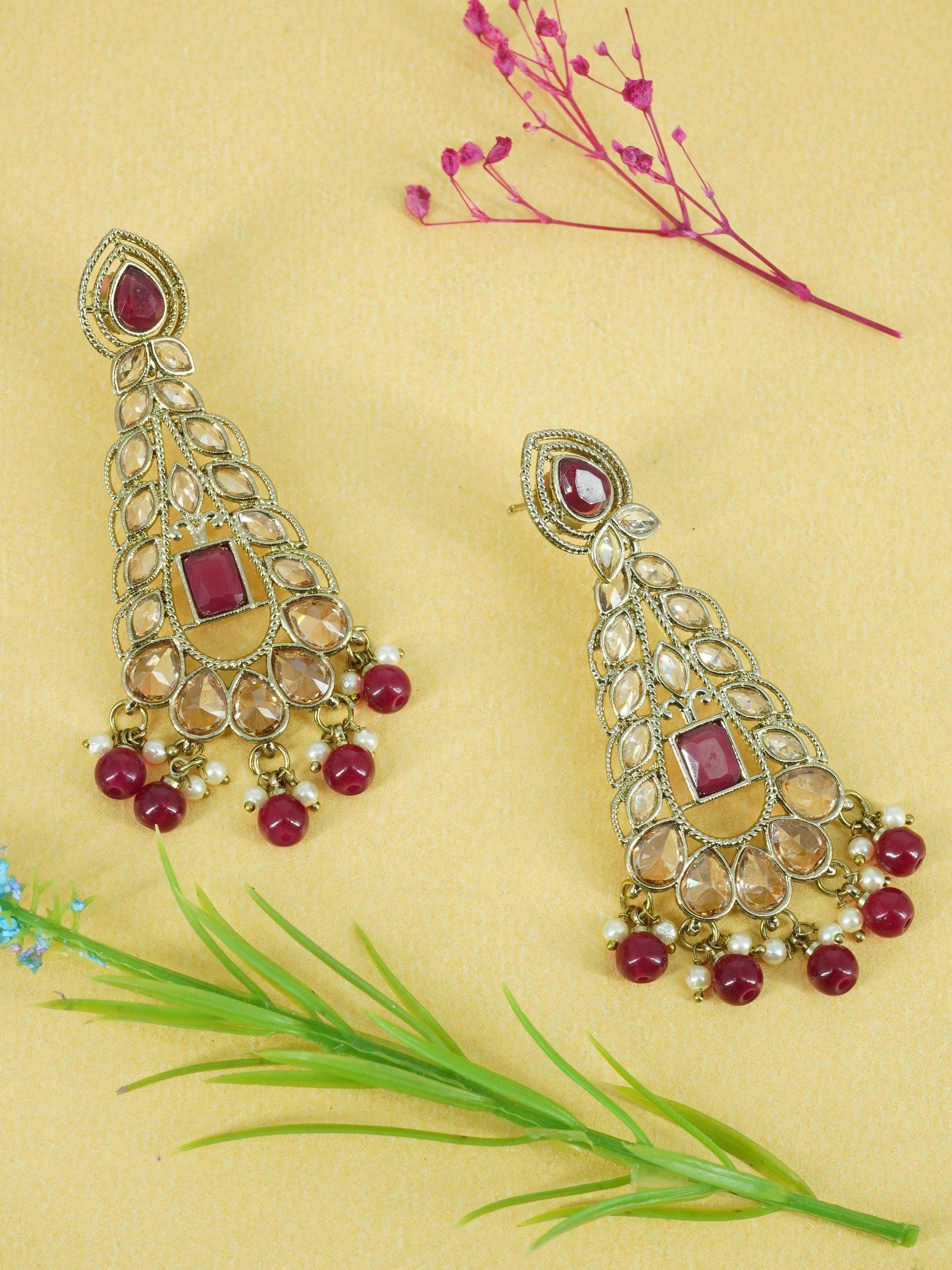 Premium Faint Gold Polish Jhumki Earrings with Mirror Stones & Maroon colour stones 11750N - Griiham