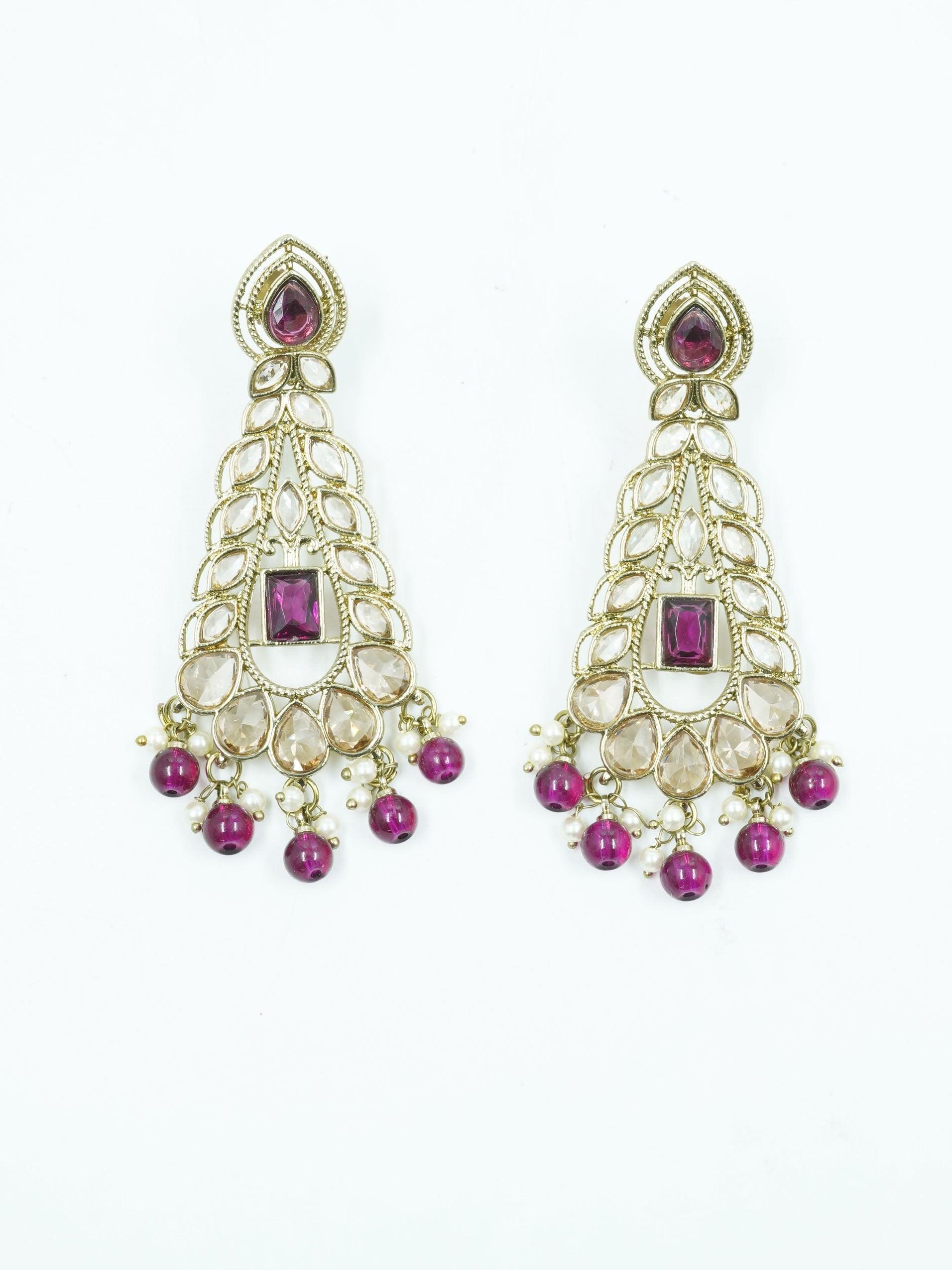 Premium Faint Gold Polish Jhumki Earrings with Mirror Stones and Purple Stone 11748N - Griiham