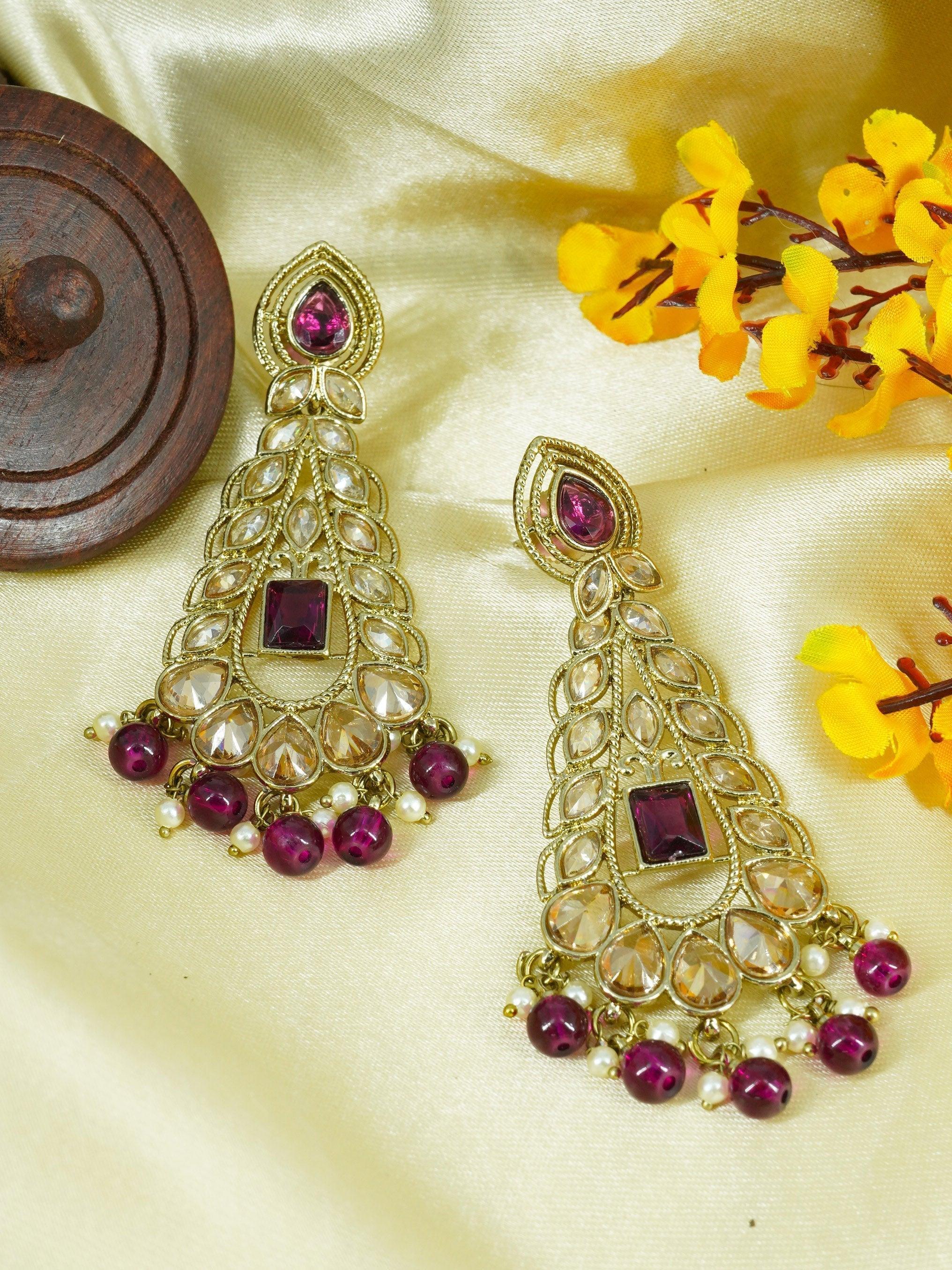 Premium Faint Gold Polish Jhumki Earrings with Mirror Stones and Purple Stone 11748N - Griiham