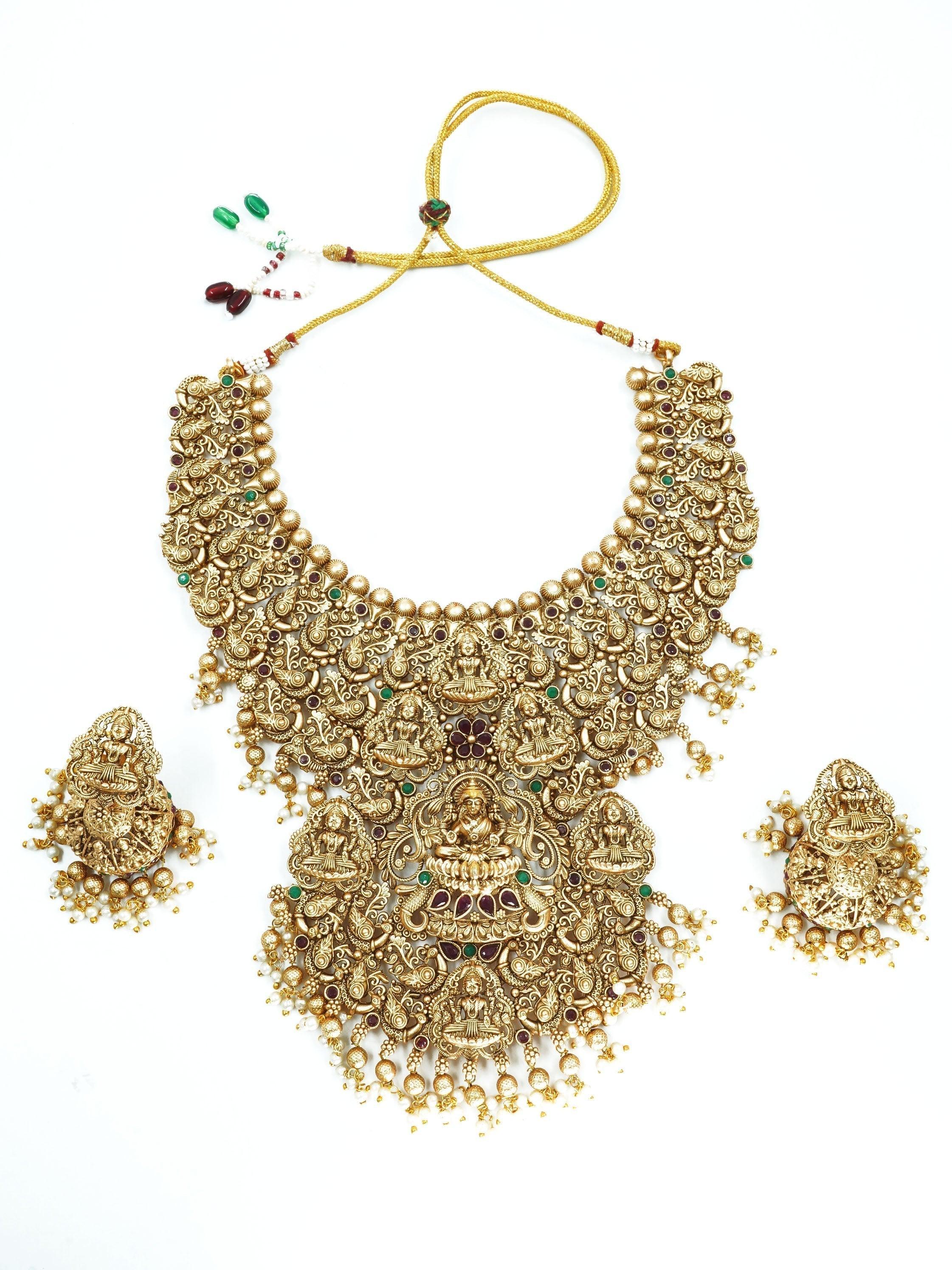 Premium Gold Finish Authentic Temple Design Bridal Necklace set - Griiham