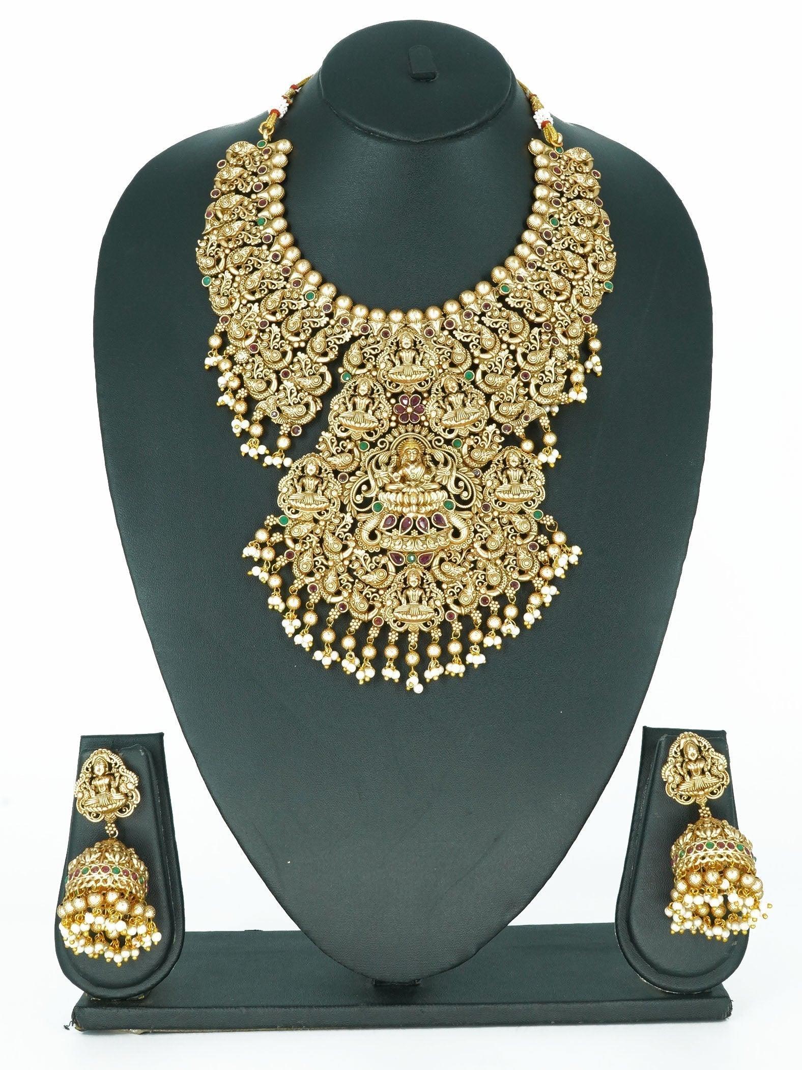 Premium Gold Finish Authentic Temple Design Bridal Necklace set - Griiham