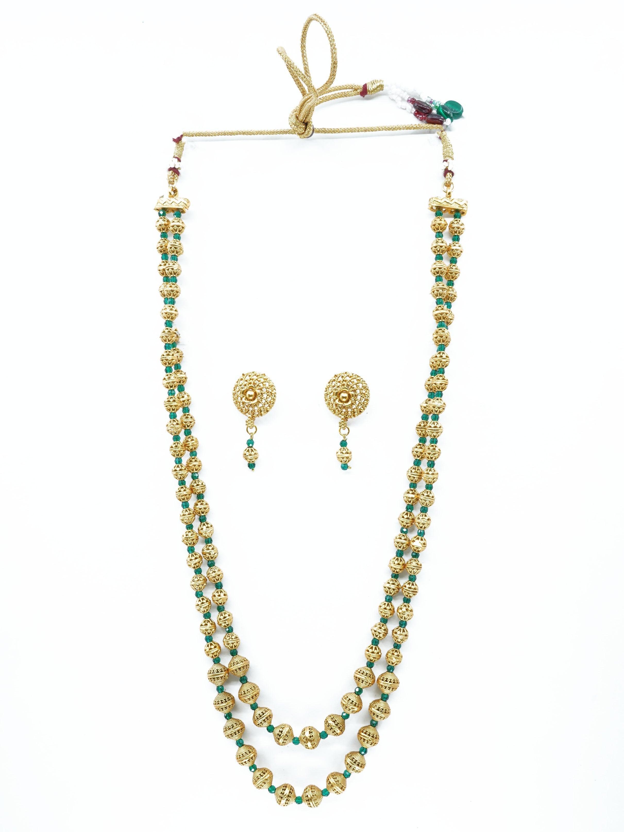 Premium Gold Finish Brass 1st quality Real Pearl / Coral / jade Chain with earrings 8722N - Griiham