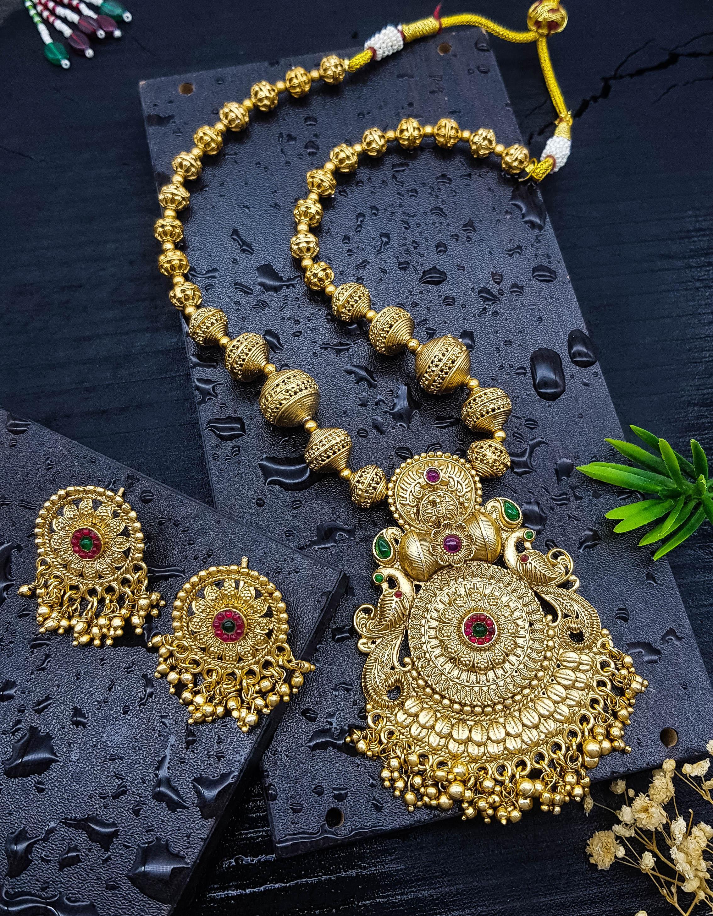 Premium Gold Finish Exclusive Pendent Set with Gundu and CZ Stones