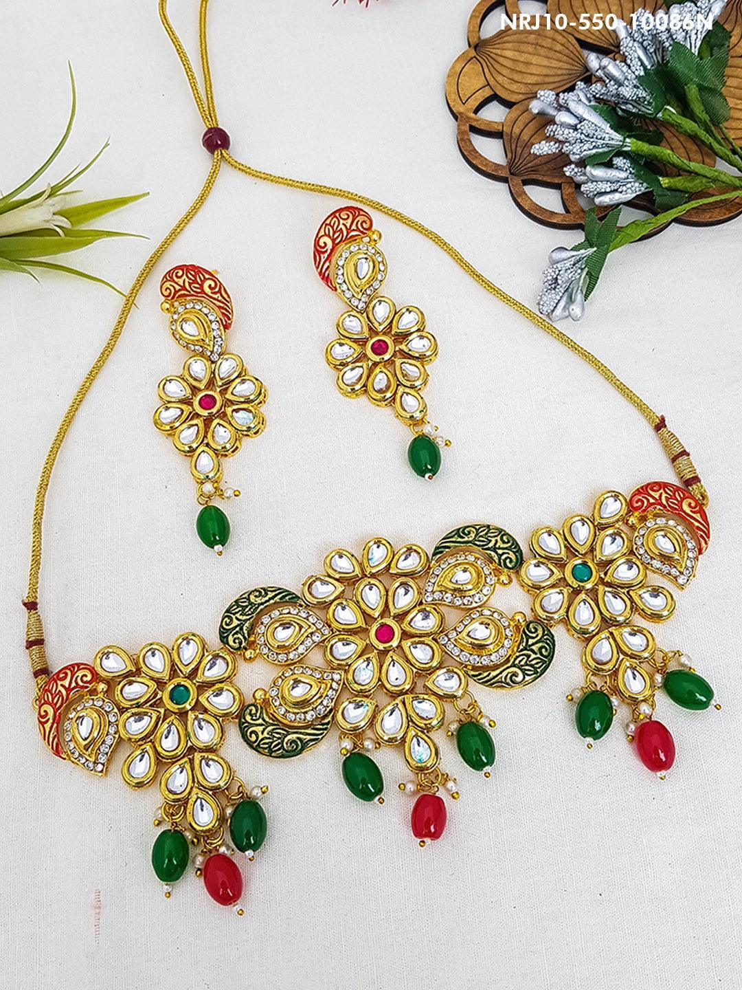 Premium Gold Finish Kundan with enamelling work Necklace Set