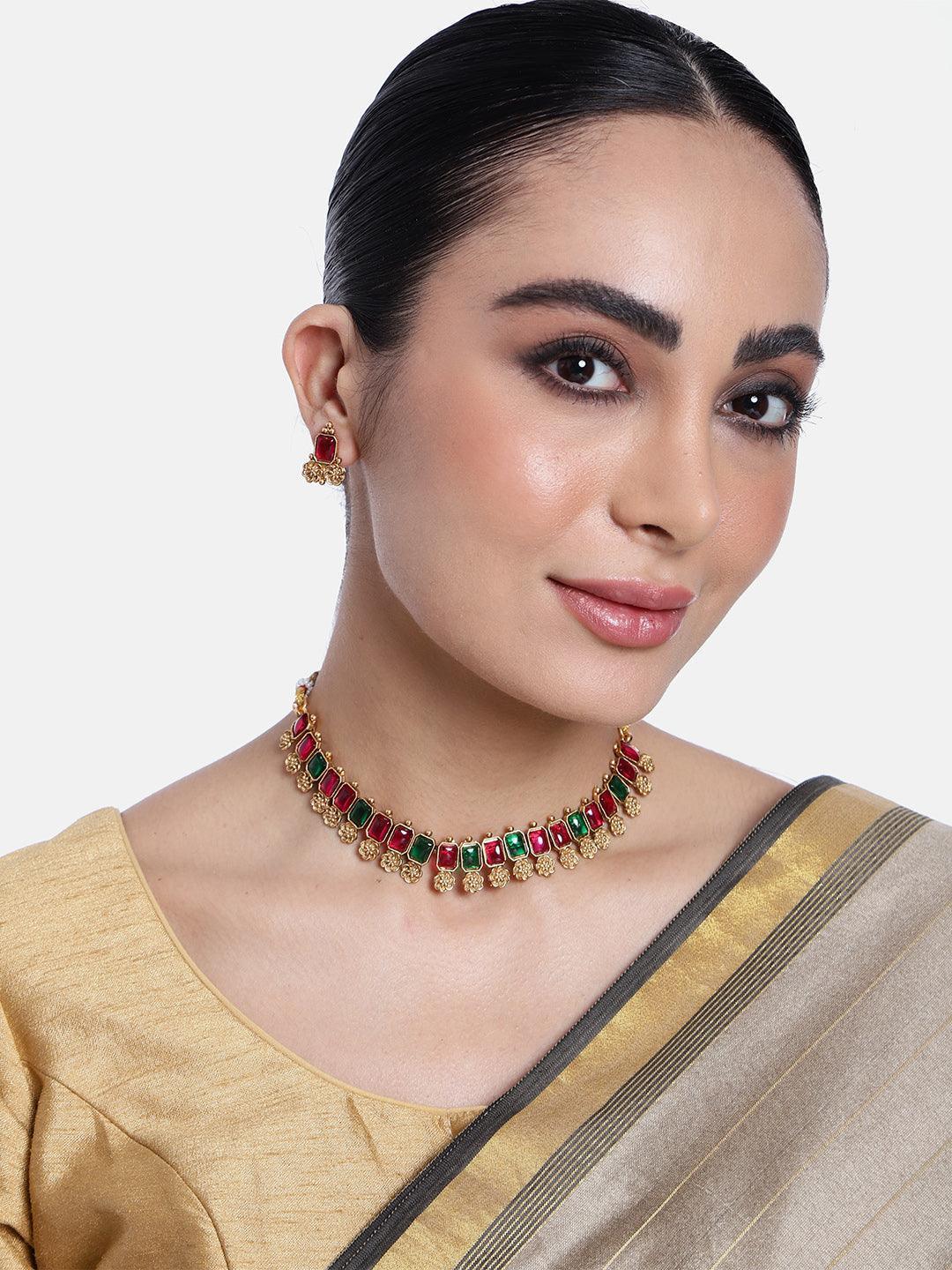 Premium Gold Finish Multicolor stone necklace set - Griiham