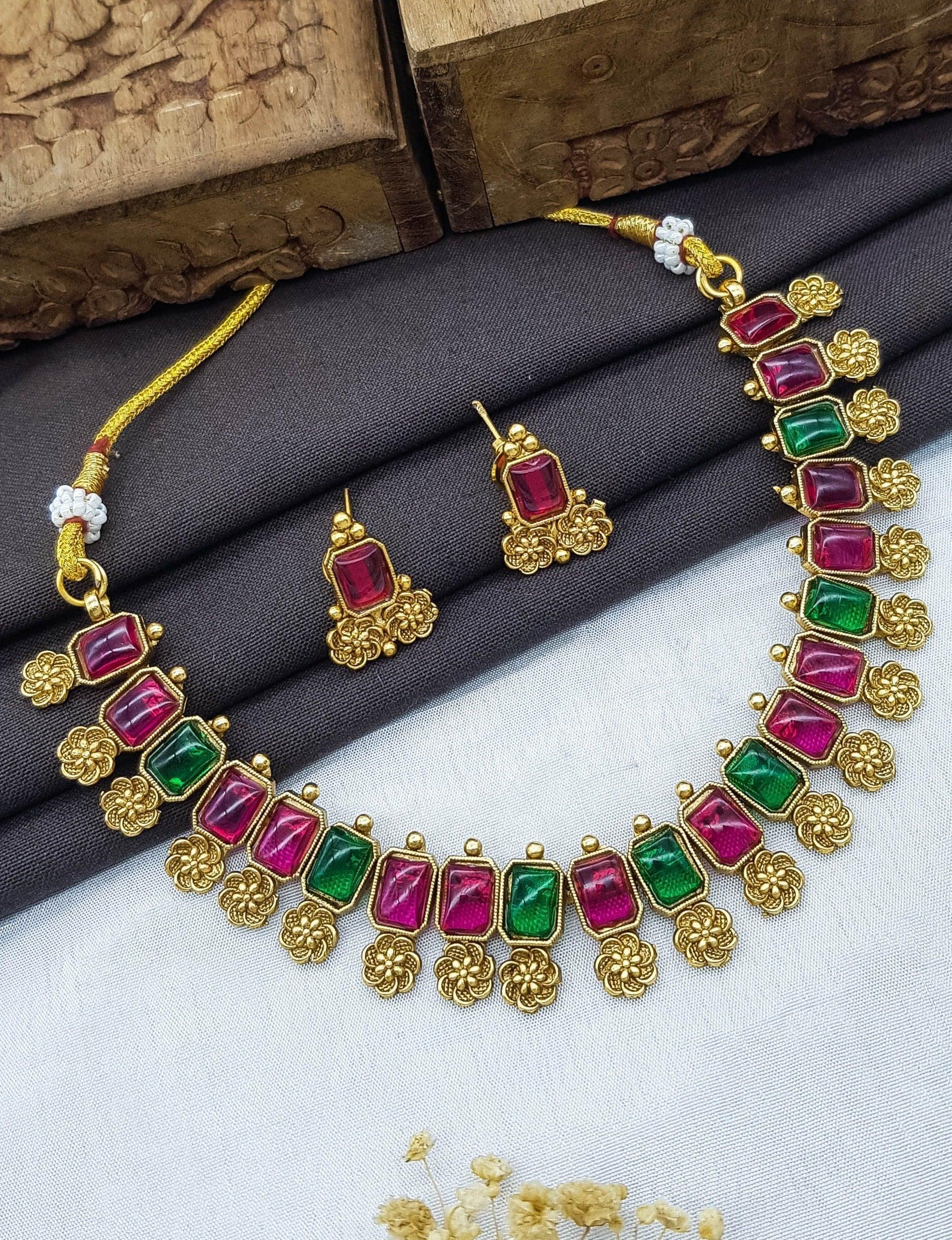 Premium Gold Finish Multicolor stone necklace set