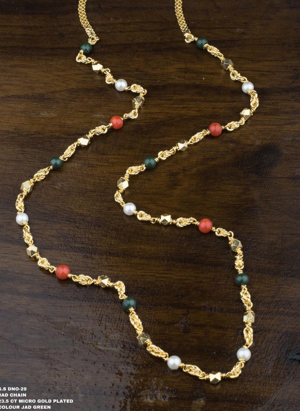 Premium Gold Finish Real Coral / Pearl / Jade Chain 30 inches 6746N