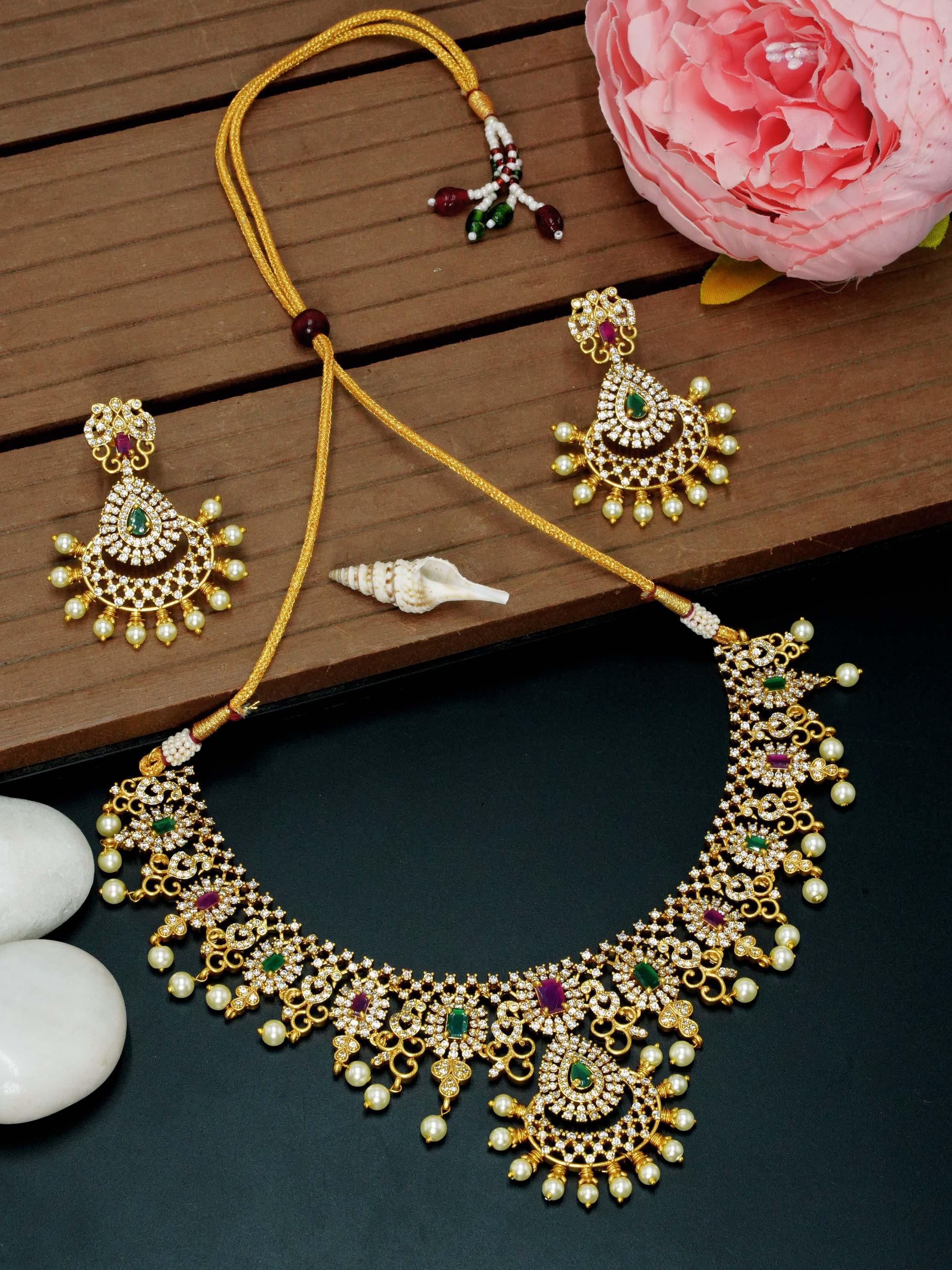 Premium Gold Finish Sayara Collection Bridal CZ Necklace set 9398N - Griiham