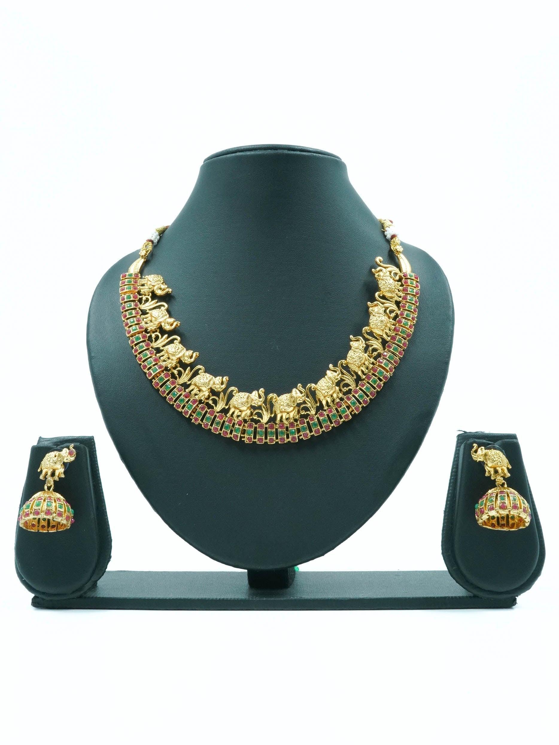 Premium Gold Finish Trending Necklace set with cz stones and Ruby emeral - Griiham