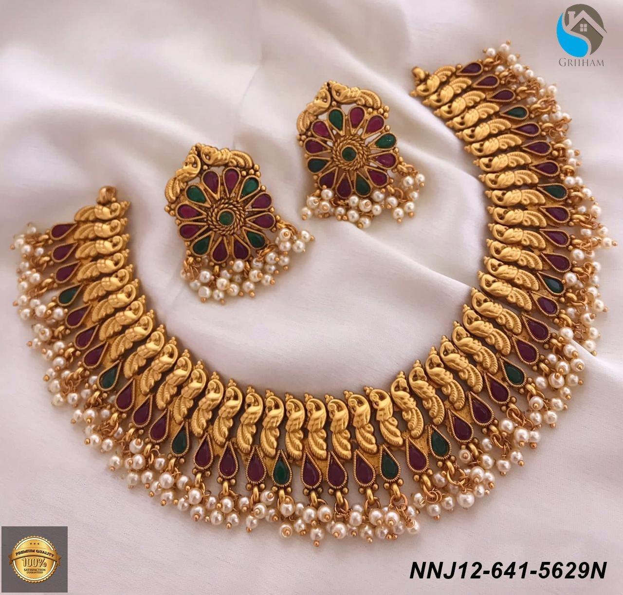 Premium Gold Finish beautiful Multi stone studded short Necklace set with pearl drops NNJ12-641-5629N