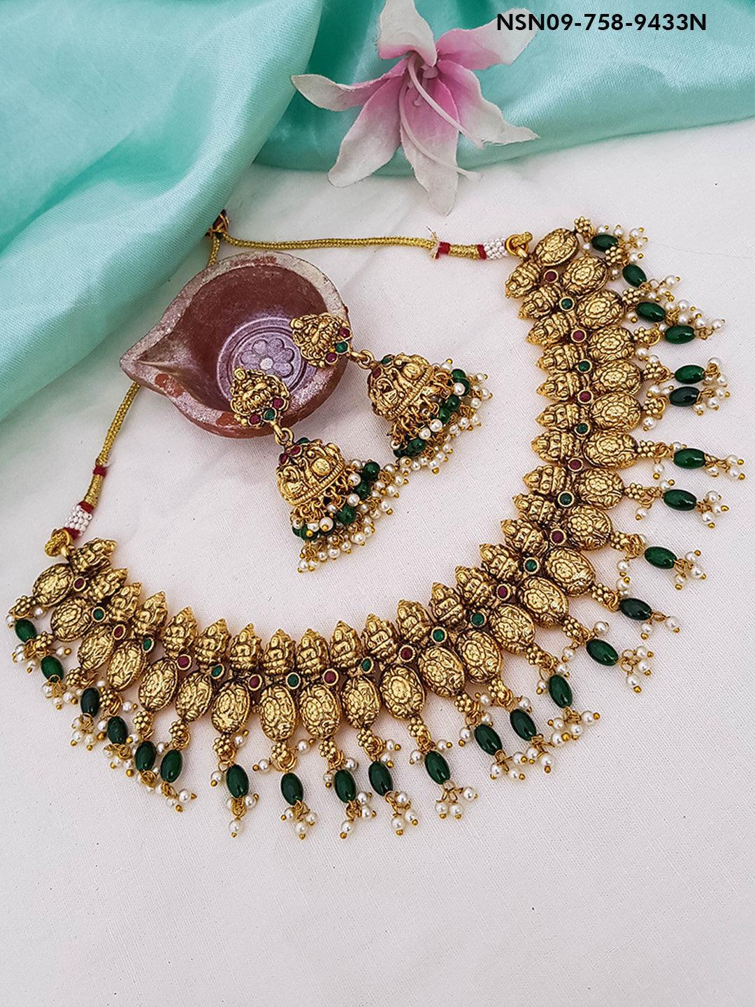 Premium Gold Finish with emerald balls Short Necklace Set 9433N - Griiham