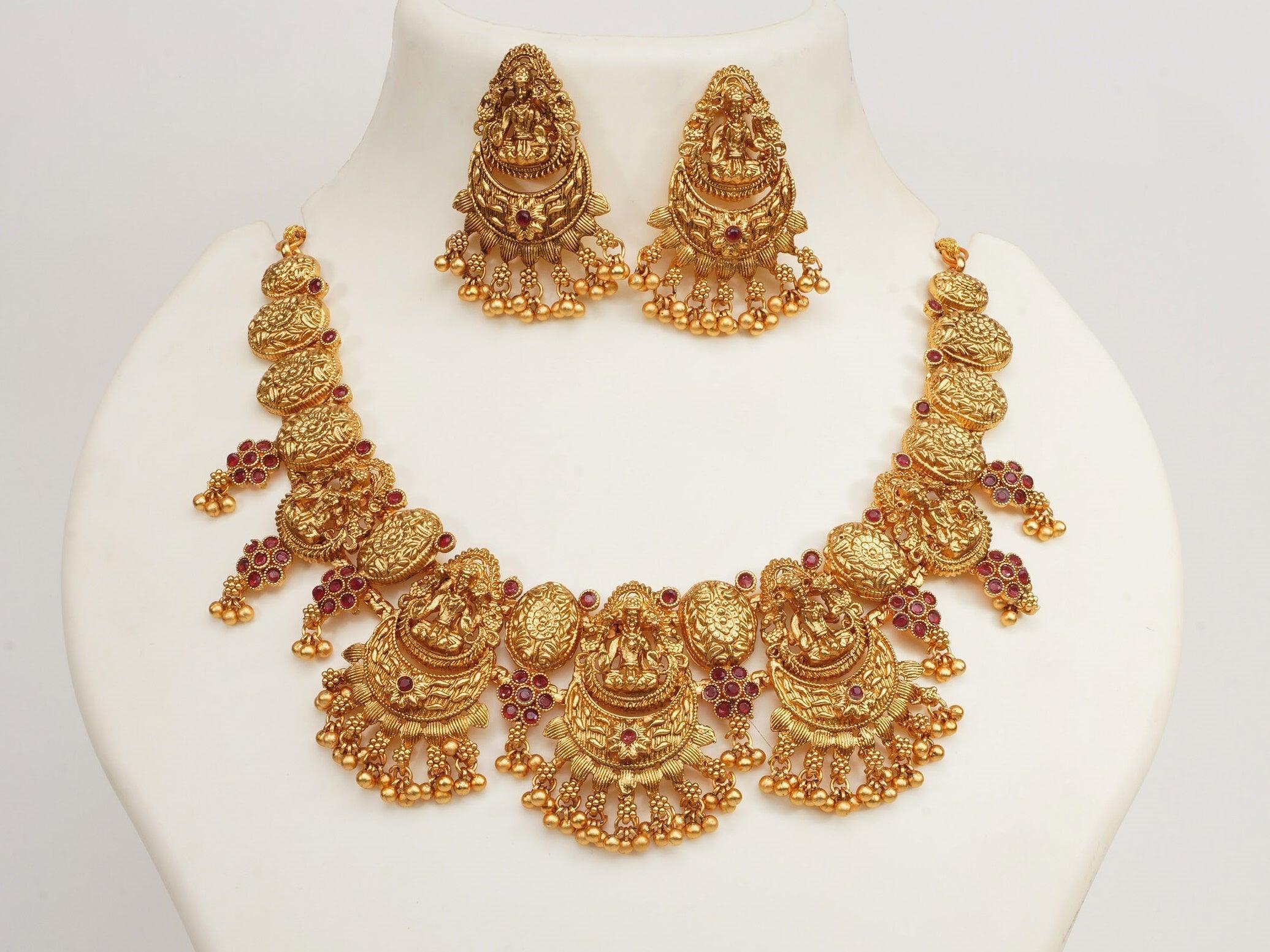 Premium Gold Plated Broad Heavy Laxmi Necklace set 7195N - Griiham