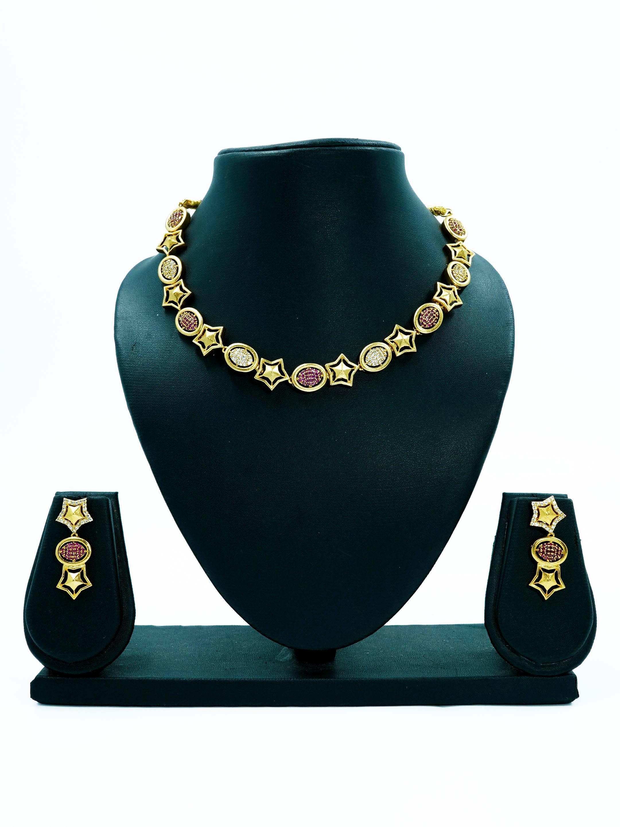 Premium Gold Plated CZ Star Necklace Set with Red and White stones 8856N - Griiham