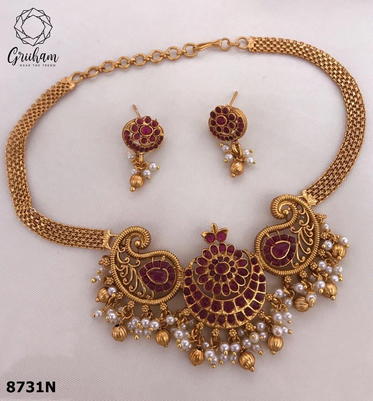 Premium Gold Plated Choker Set 8590N-Necklace Set-Griiham-Maroon-Griiham