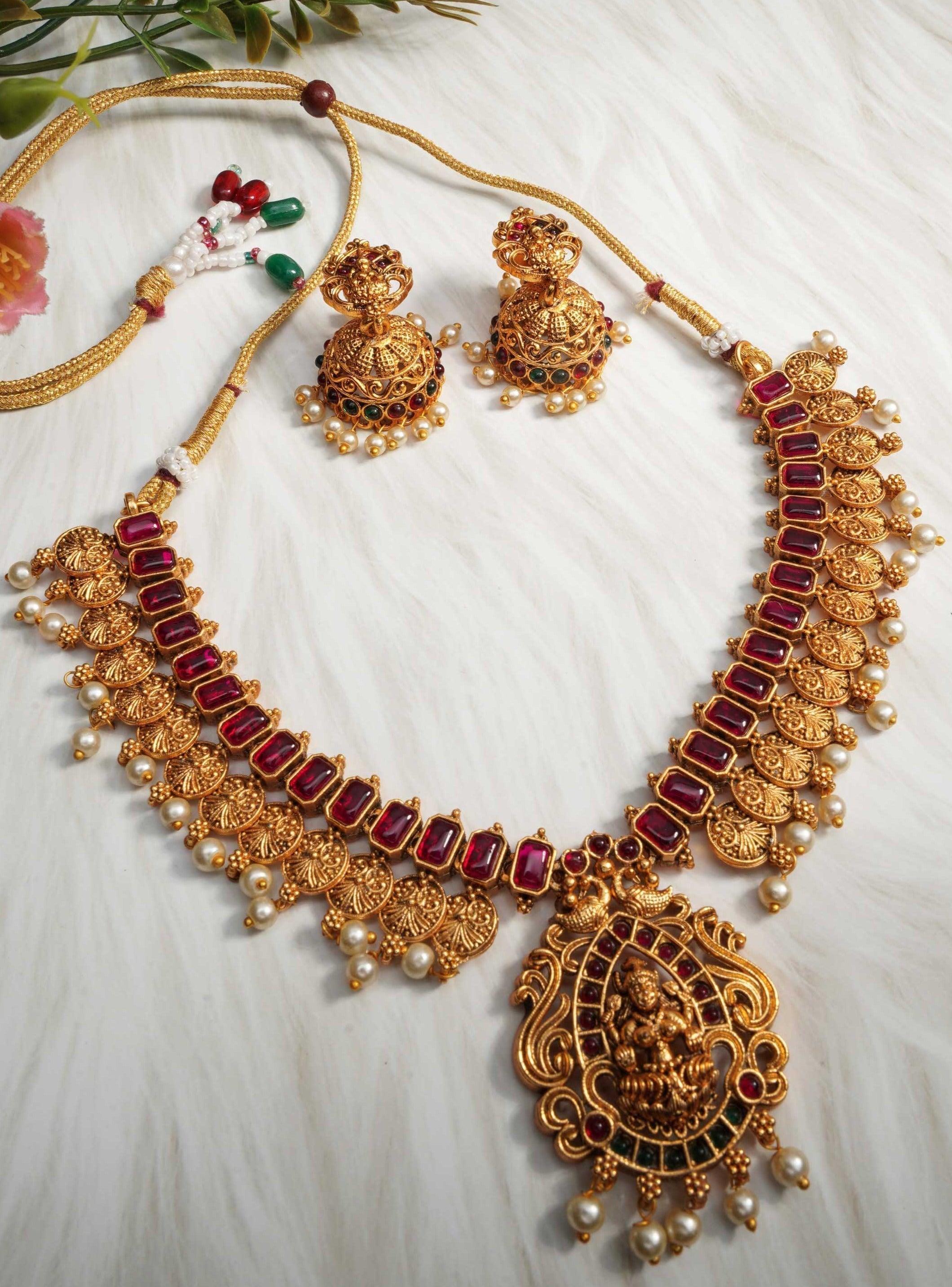 Premium Gold Plated Designer Laxmi Necklace Set with diff Colours 9269N - Griiham