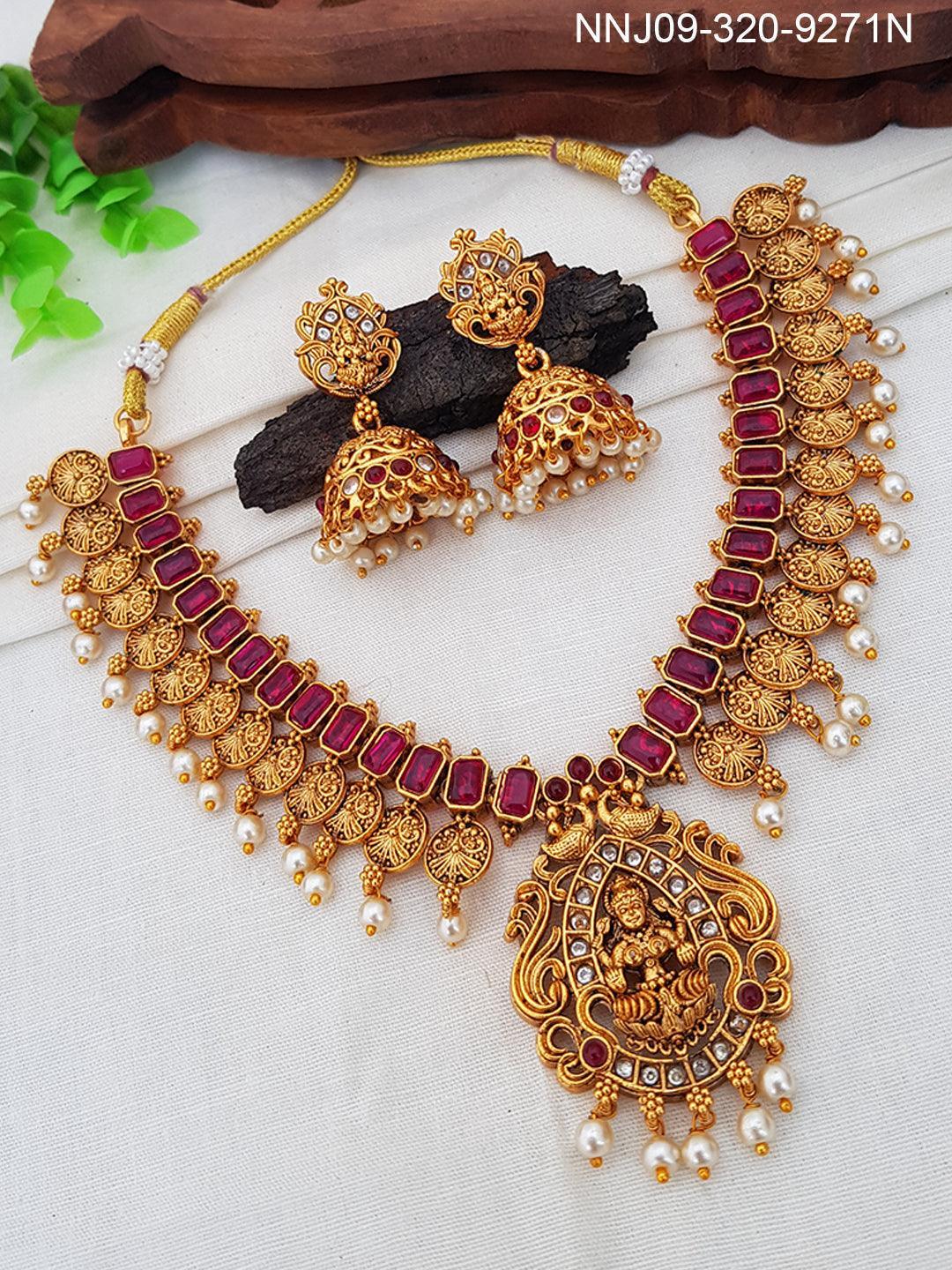 Premium Gold Plated Designer Laxmi Necklace Set with diff Colours 9269N - Griiham