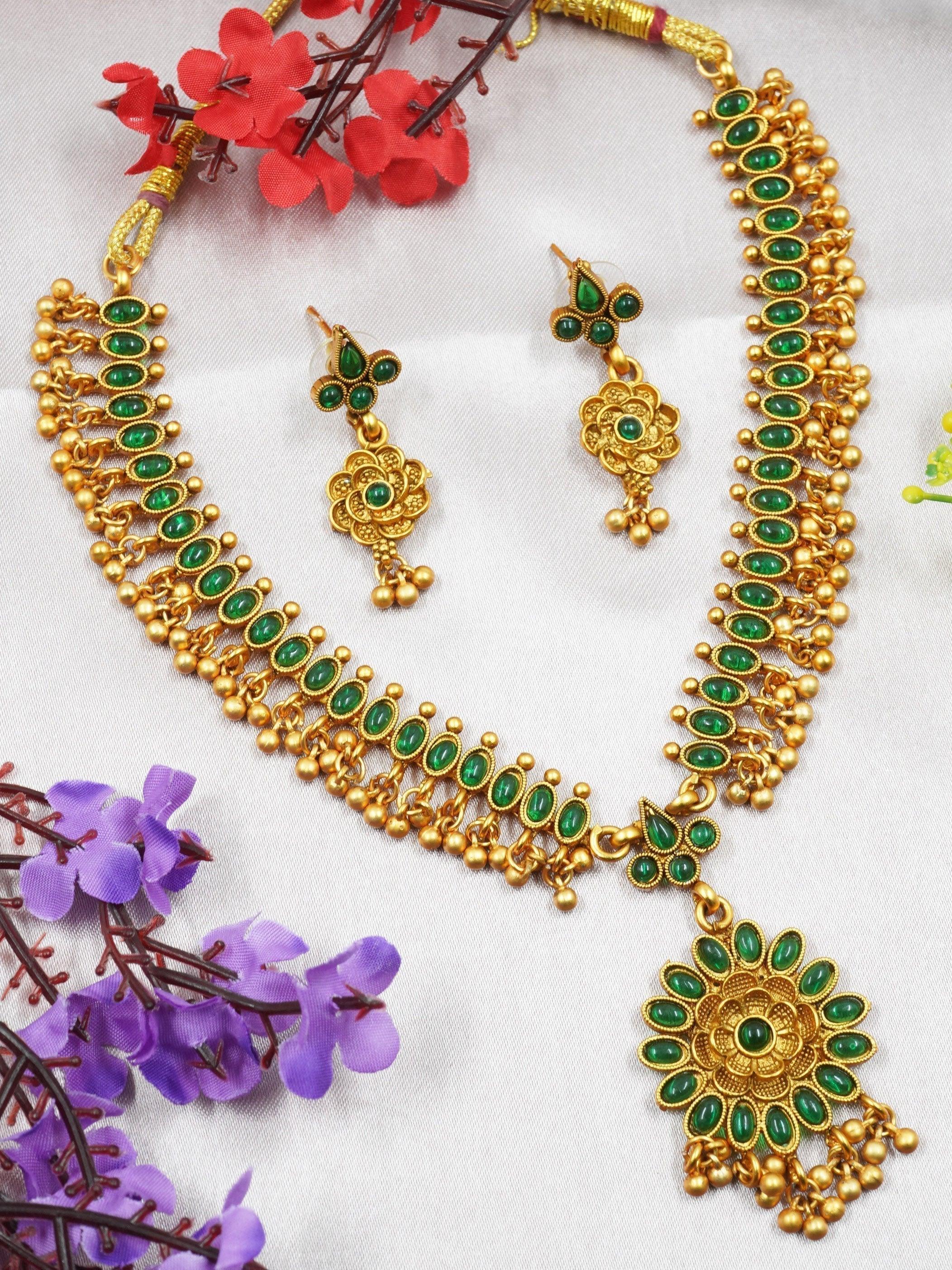 Premium Gold Plated Elegant Necklace Set with Green Color Stones - Griiham