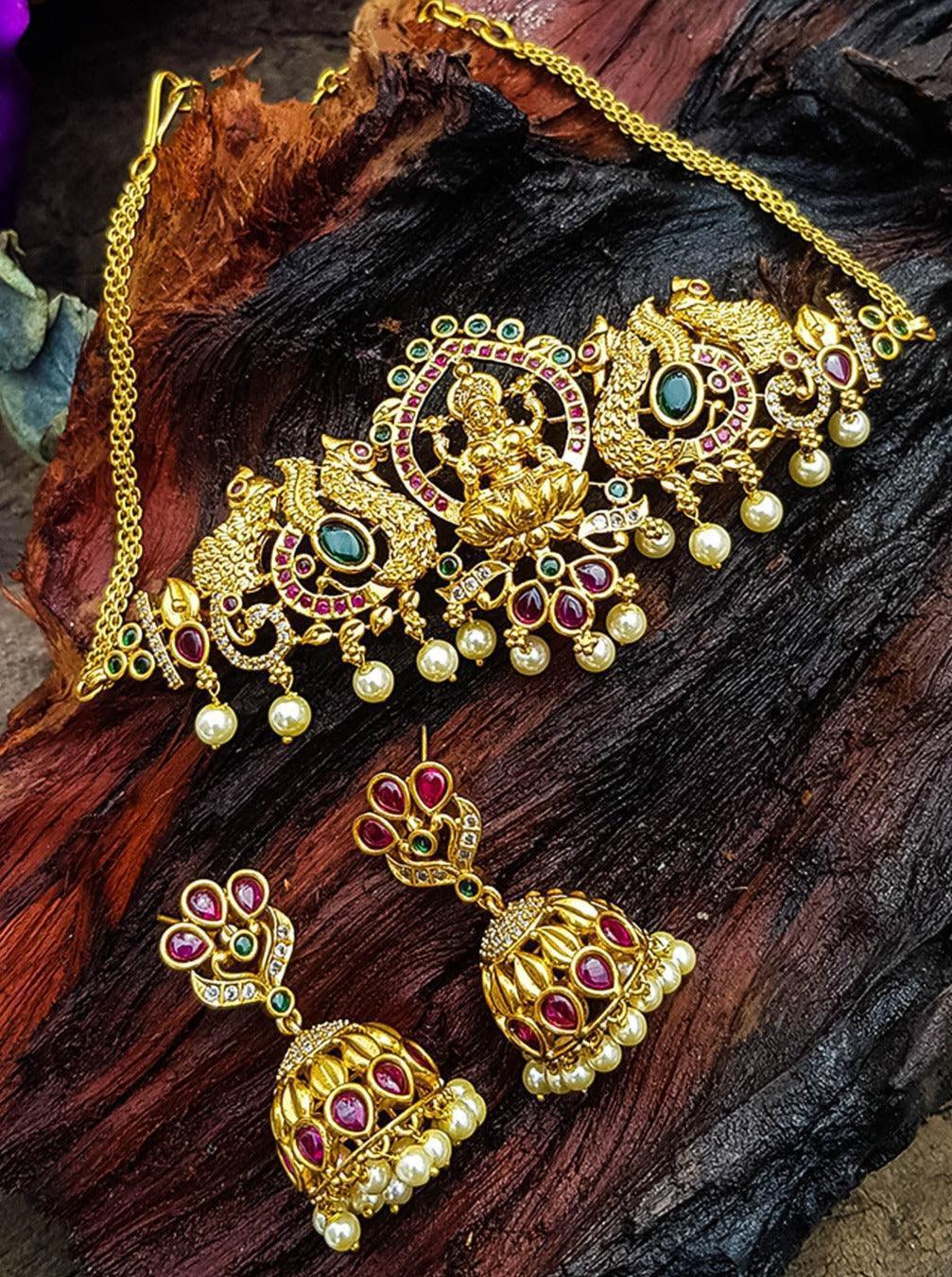 Premium Gold Plated Half Choker Laxmi Set with CZ Stones