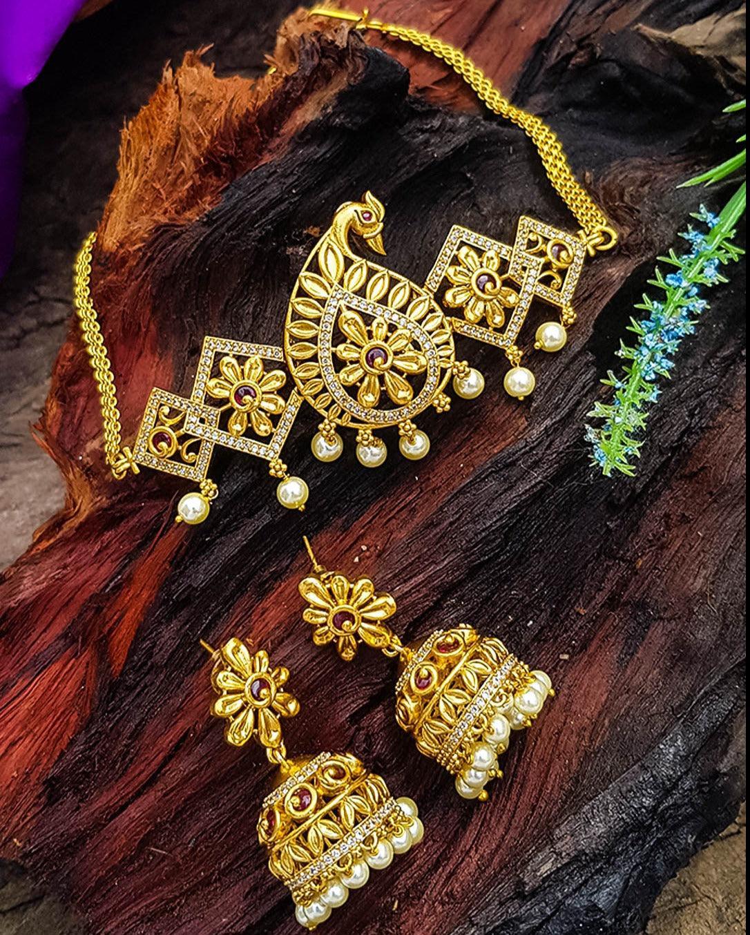 Premium Gold Plated Half Choker Set with CZ Stones - Griiham