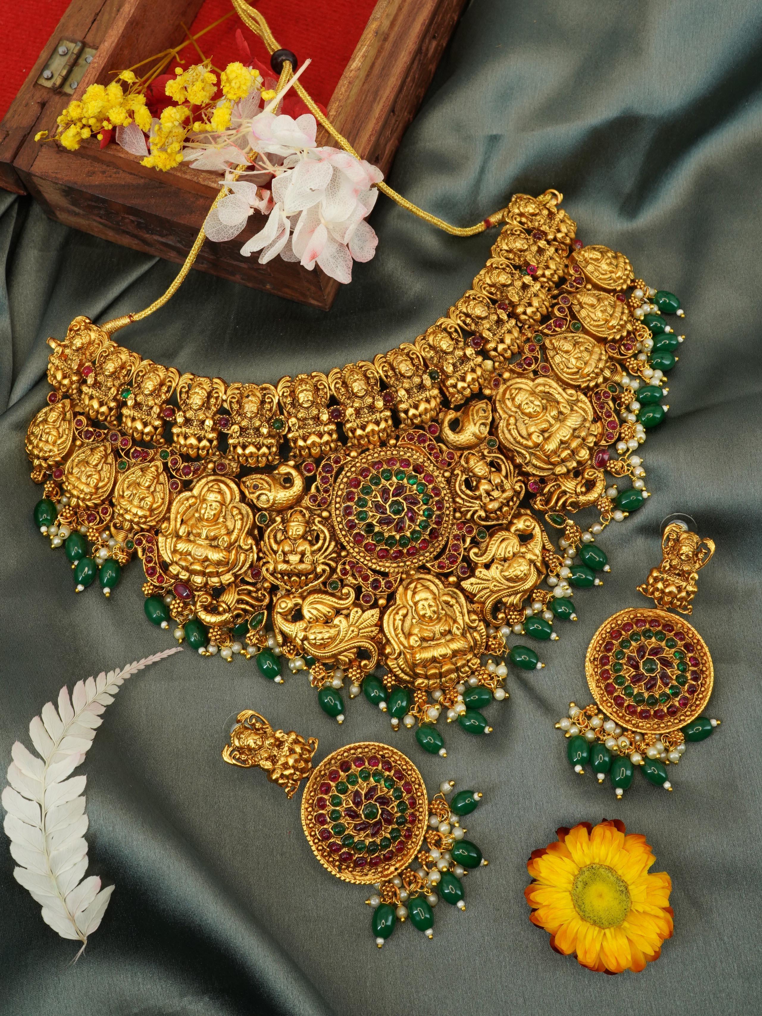 Premium Gold Plated Heavy Laxmi Choker Necklace set for Special Occasions 9638N - Griiham