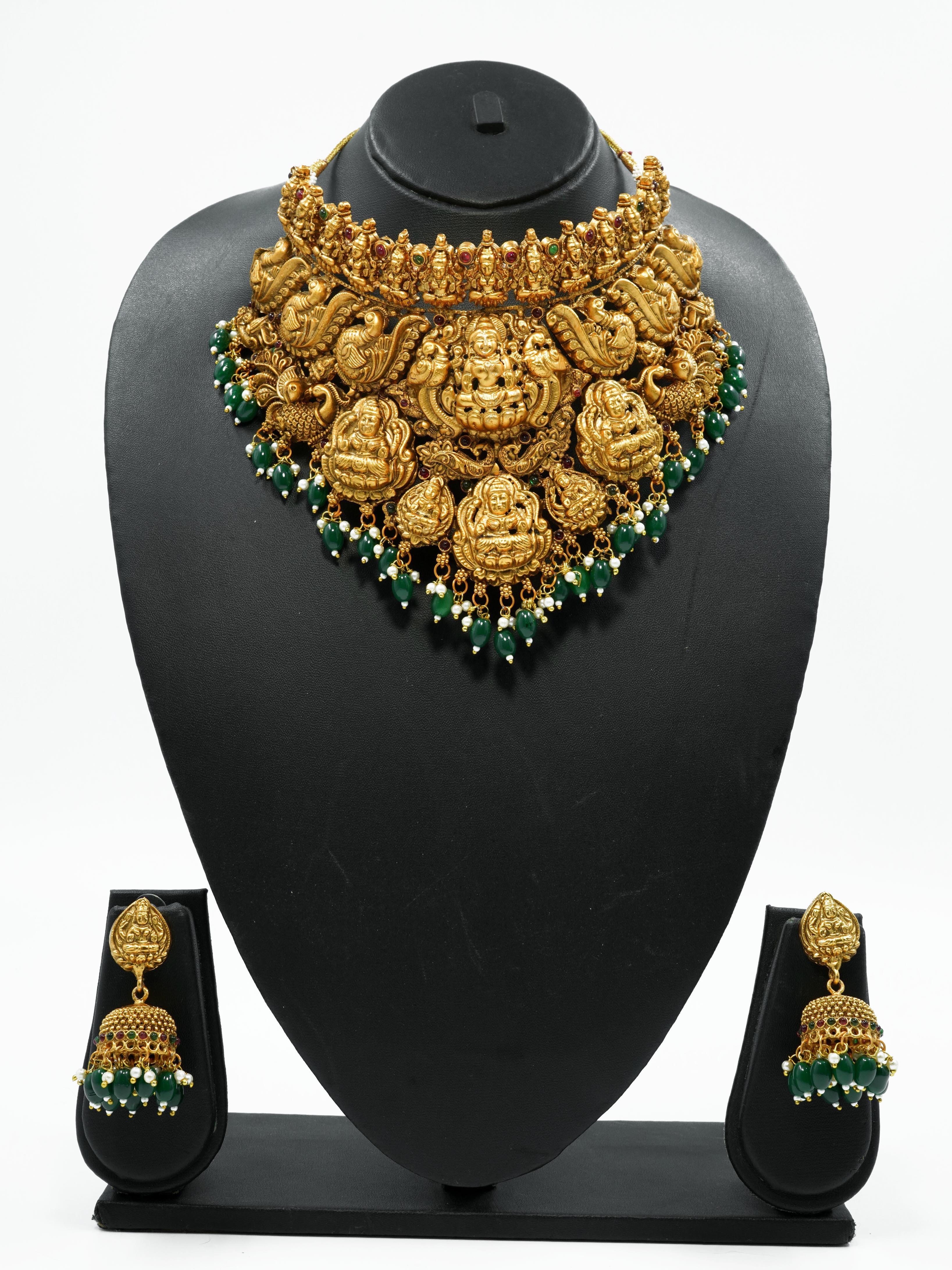 Premium Gold Plated Heavy Laxmi Choker Necklace set for Special Occasions 9639N - Griiham